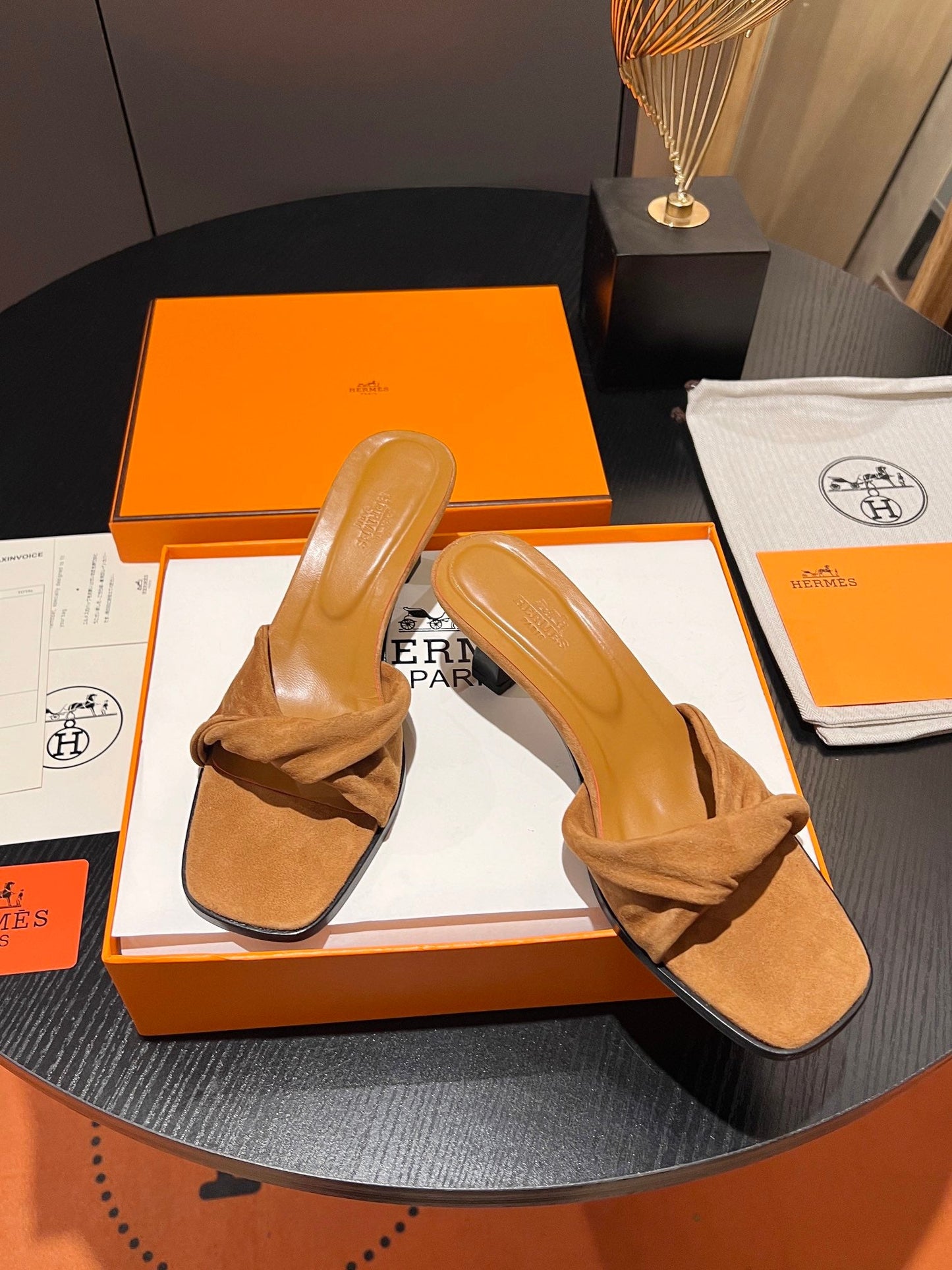 HM Giny Sandal 5.5 Tan Brown Suede Calfskin 680057