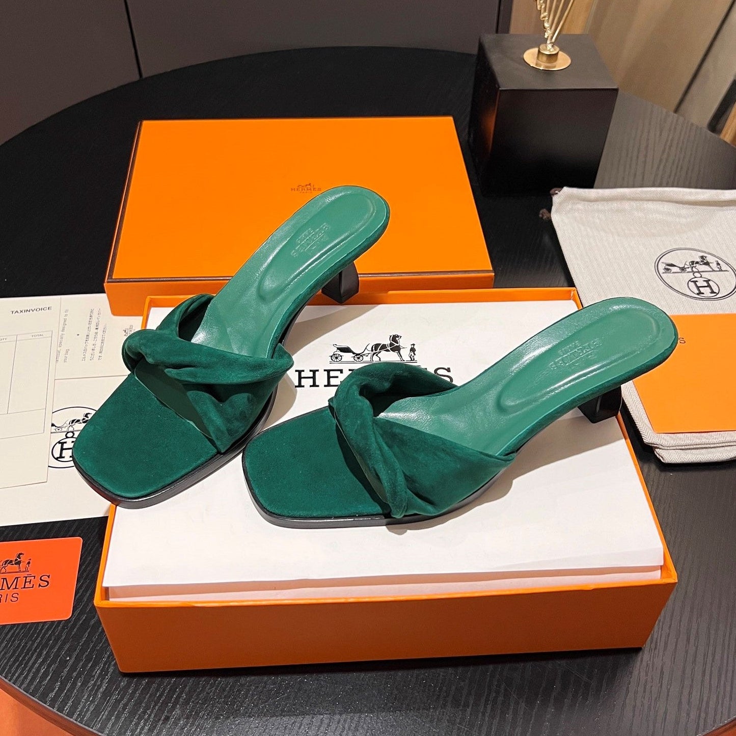 HM Giny Sandal 5.5 Teal Green Suede Calfskin 680061