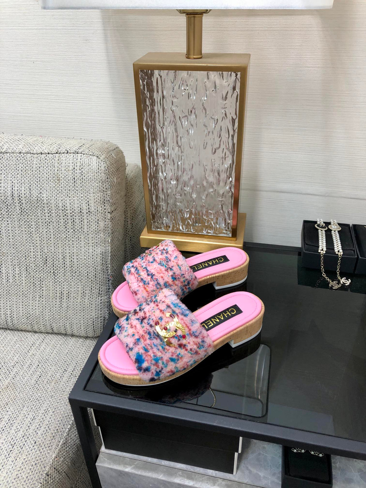 CC 26s Slippers Pink Mix Blue Red Fleece Wool Leather 970121
