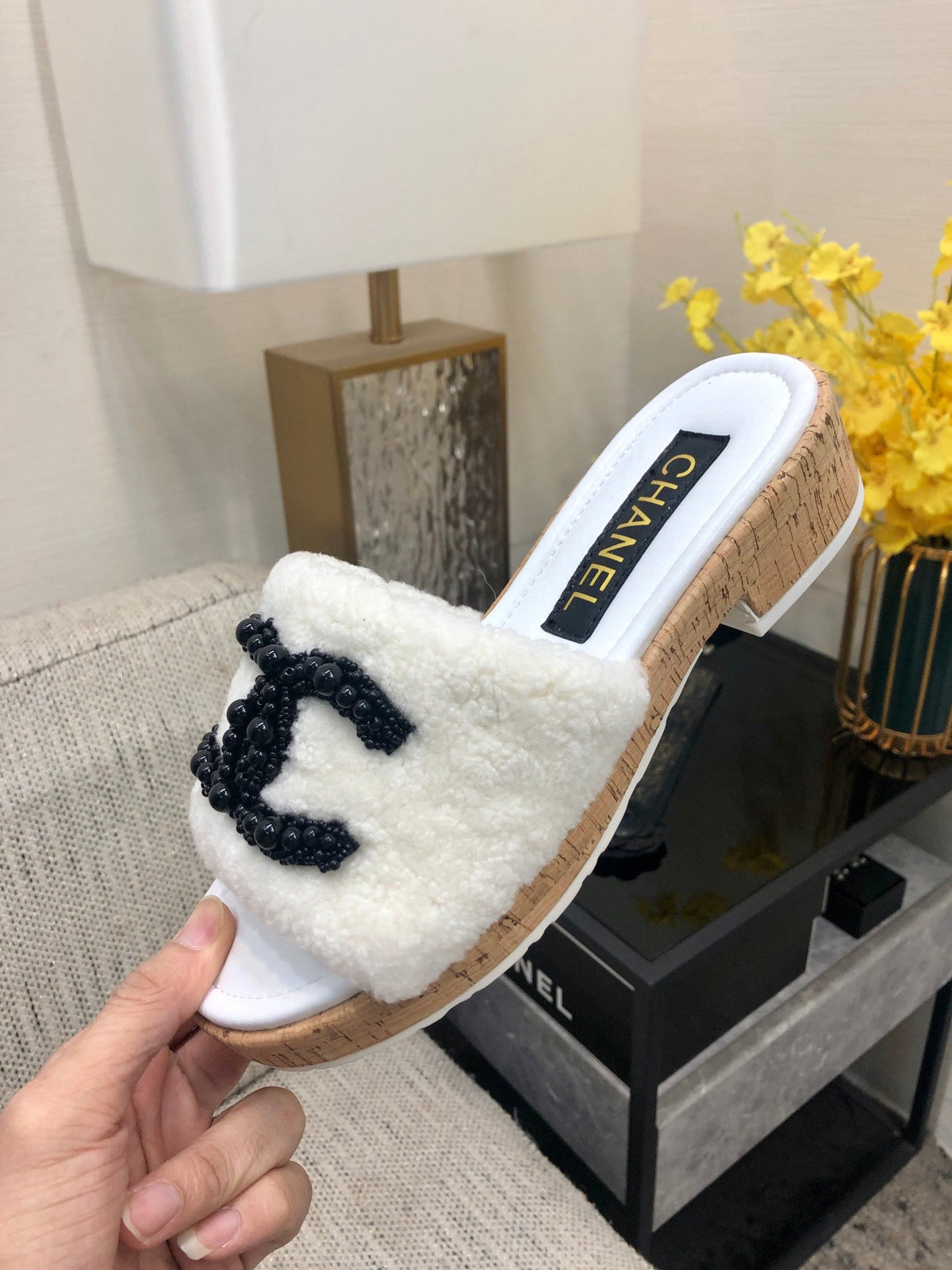 CC Pearl Plush Slides White Wool Leather 970126