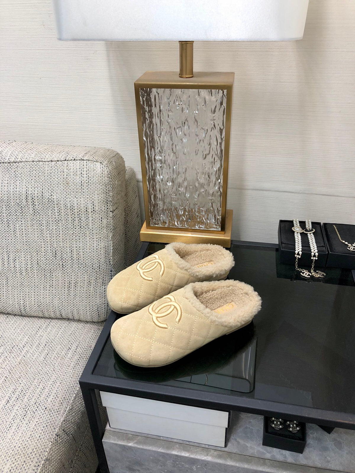 CC 26s Mules Beige Quilted Suede Shearling 970155
