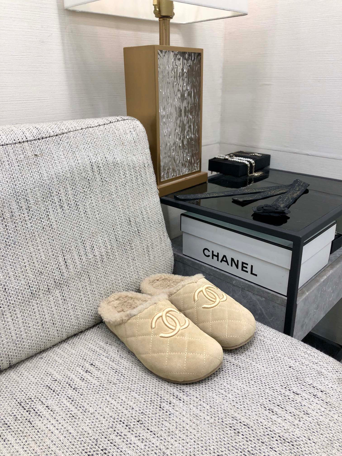 CC 26s Mules Beige Quilted Suede Shearling 970155