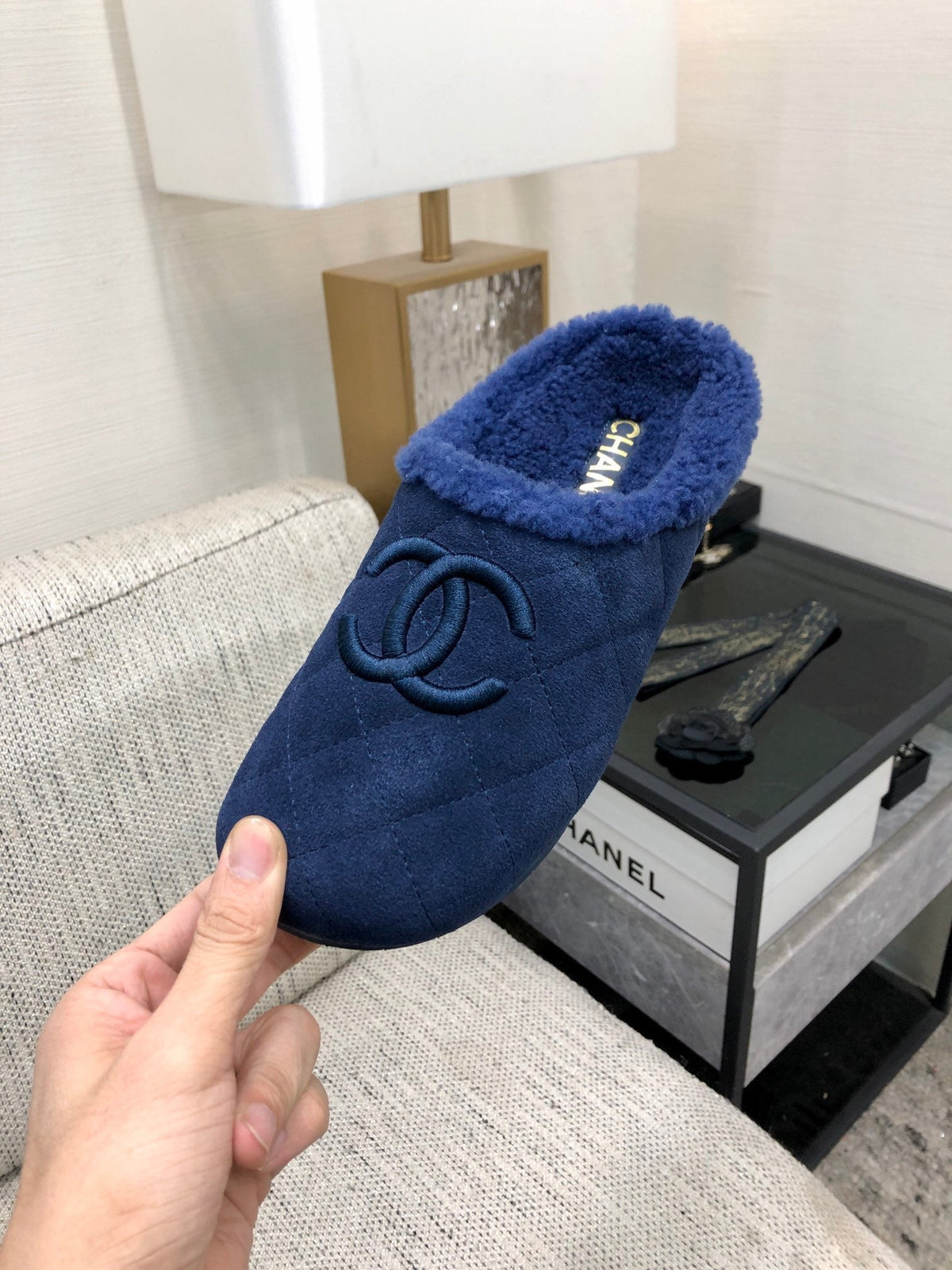 CC 26s Mules Dark Blue Quilted Suede Shearling 970152