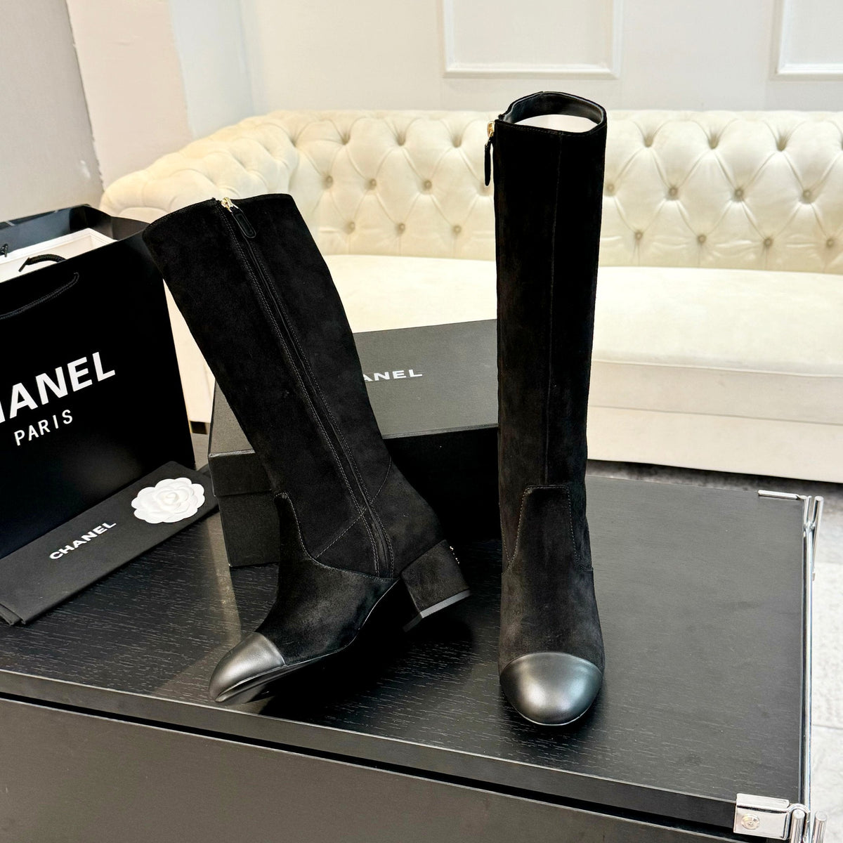 CC 26s Block Heel Long Boot 4.5cm Black Suede Lambskin 957795