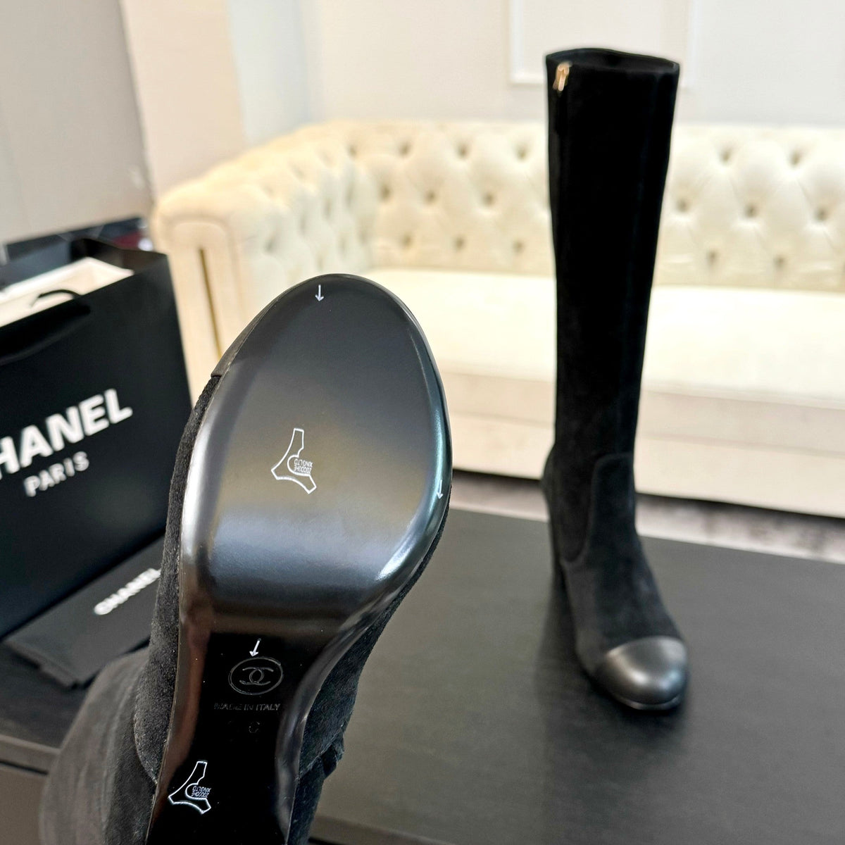 CC 26s Block Heel Long Boot 8cm Black Suede Lambskin 957798
