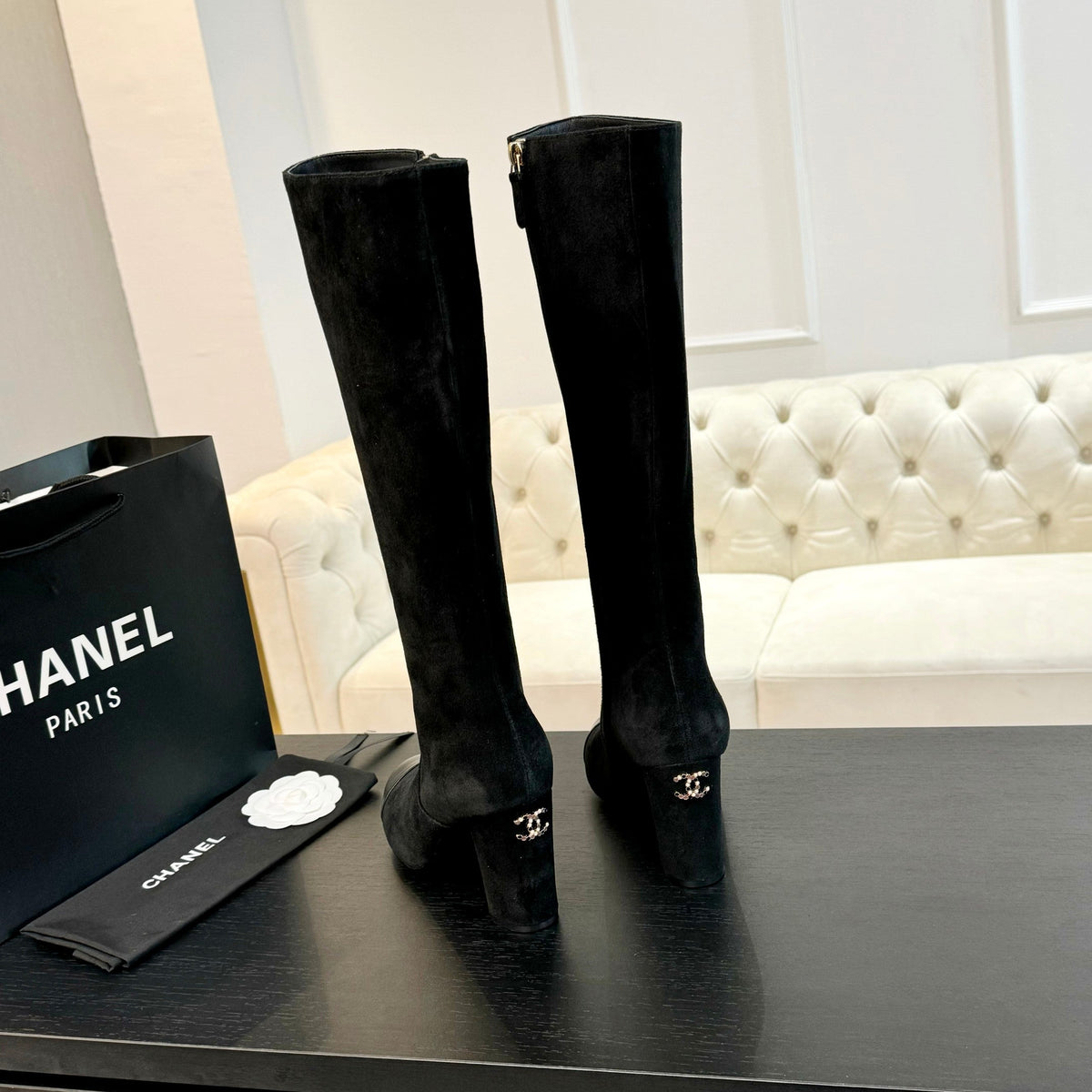 CC 26s Block Heel Long Boot 8cm Black Suede Lambskin 957798