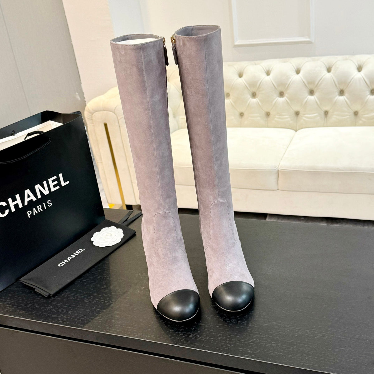 CC 26s Block Heel Long Boot 8cm Light Purple Black Suede Lambskin 957799