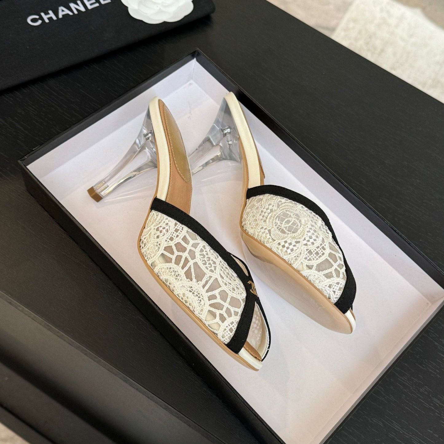 Chanel 2026 Mule 70mm White Black Lace Leather 700610