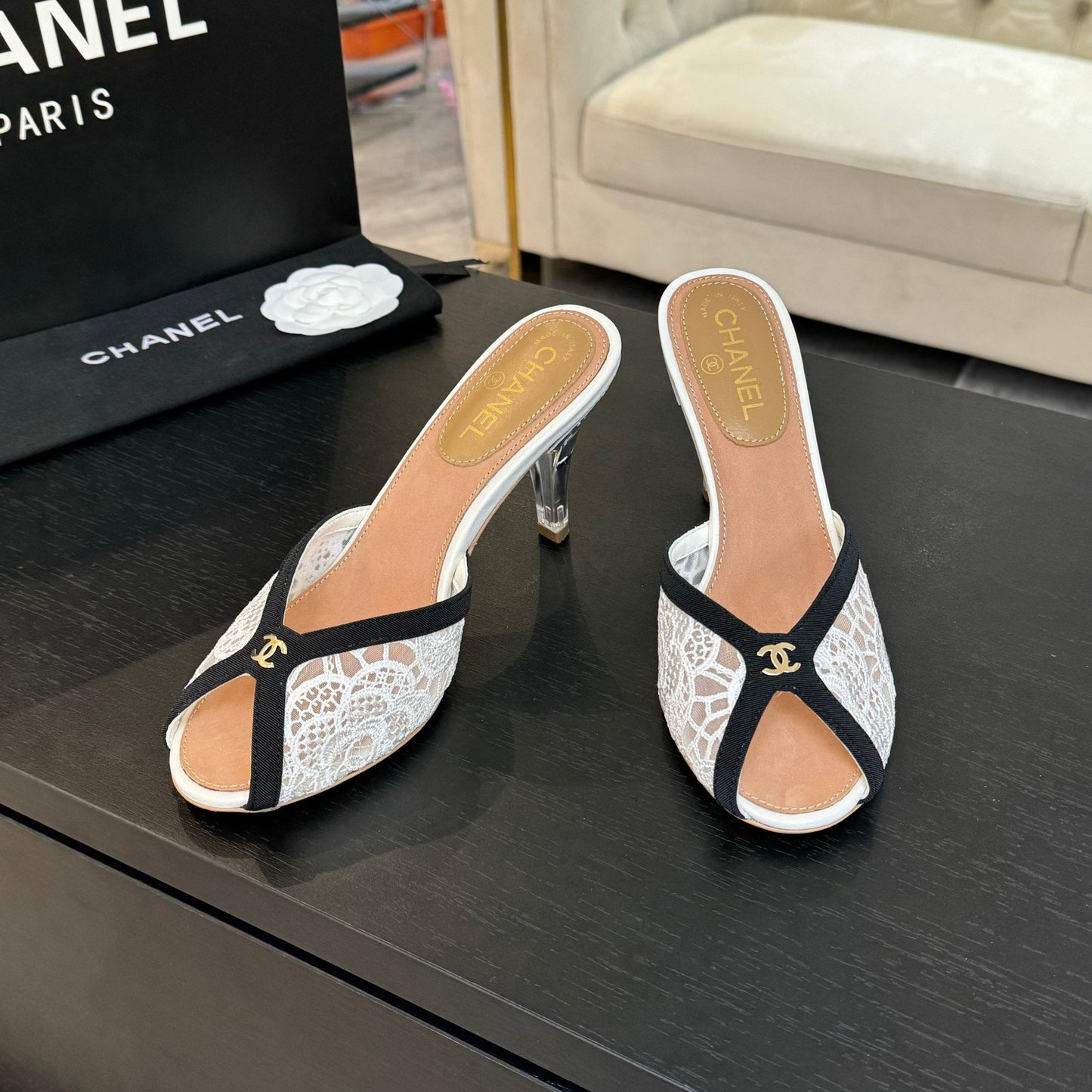 Chanel 2026 Mule 70mm White Black Lace Leather 700610