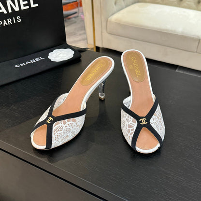 Chanel 2026 Mule 70mm White Black Lace Leather 700610