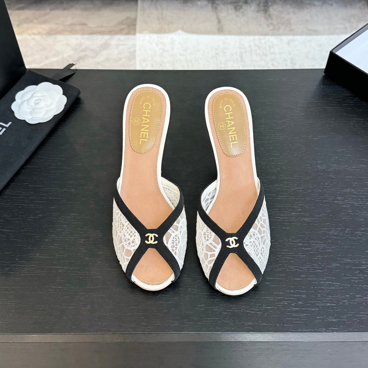 Chanel 2026 Mule 70mm White Black Lace Leather 700610
