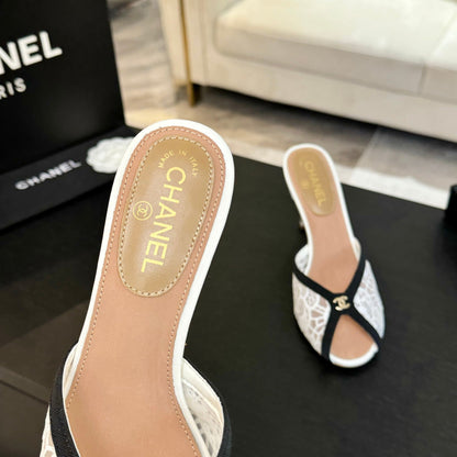 Chanel 2026 Mule 70mm White Black Lace Leather 700610