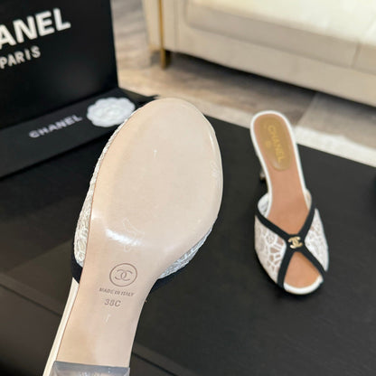 Chanel 2026 Mule 70mm White Black Lace Leather 700610