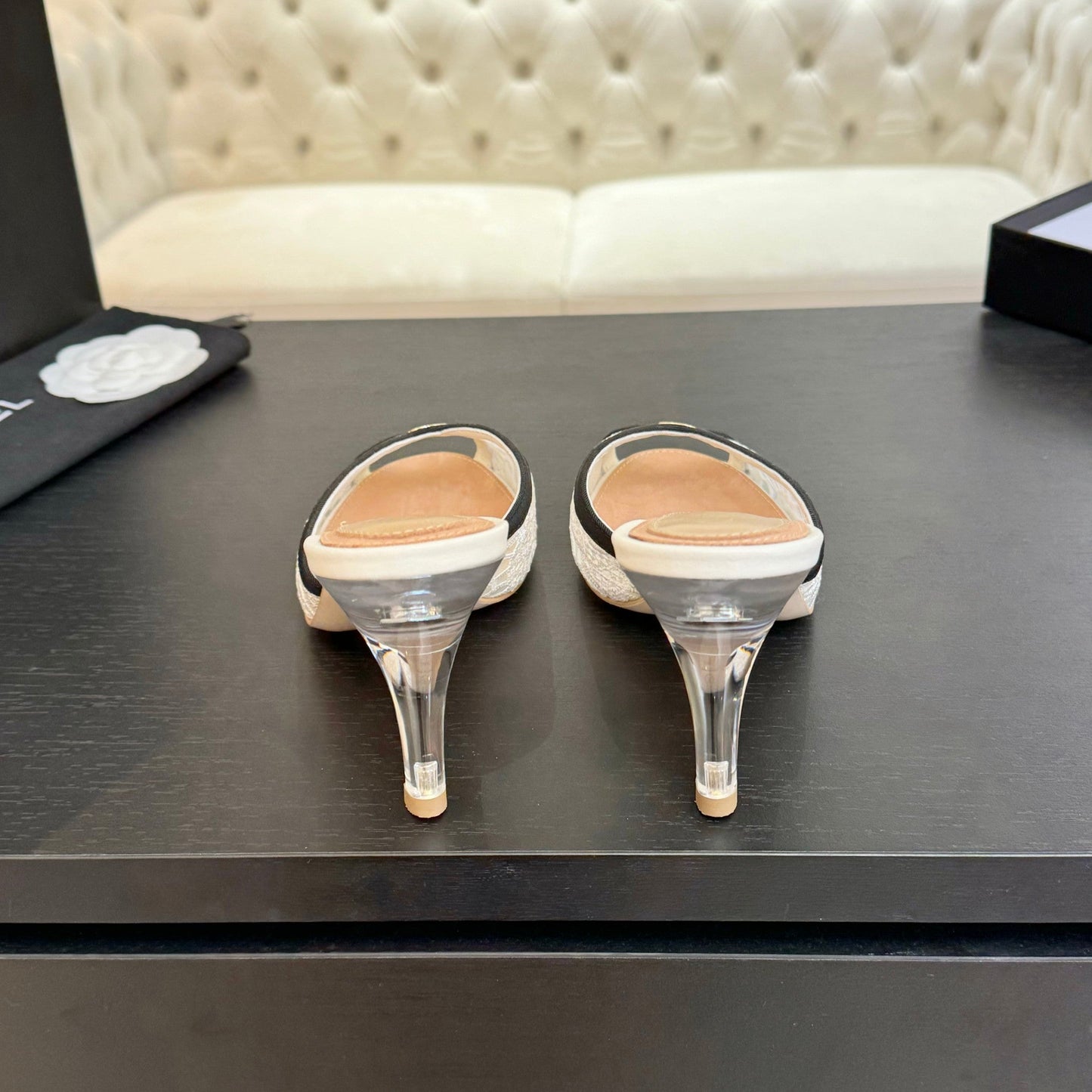 Chanel 2026 Mule 70mm White Black Lace Leather 700610
