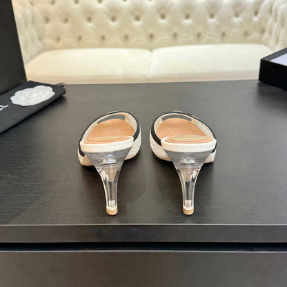 Chanel 2026 Mule 70mm White Black Lace Leather 700610