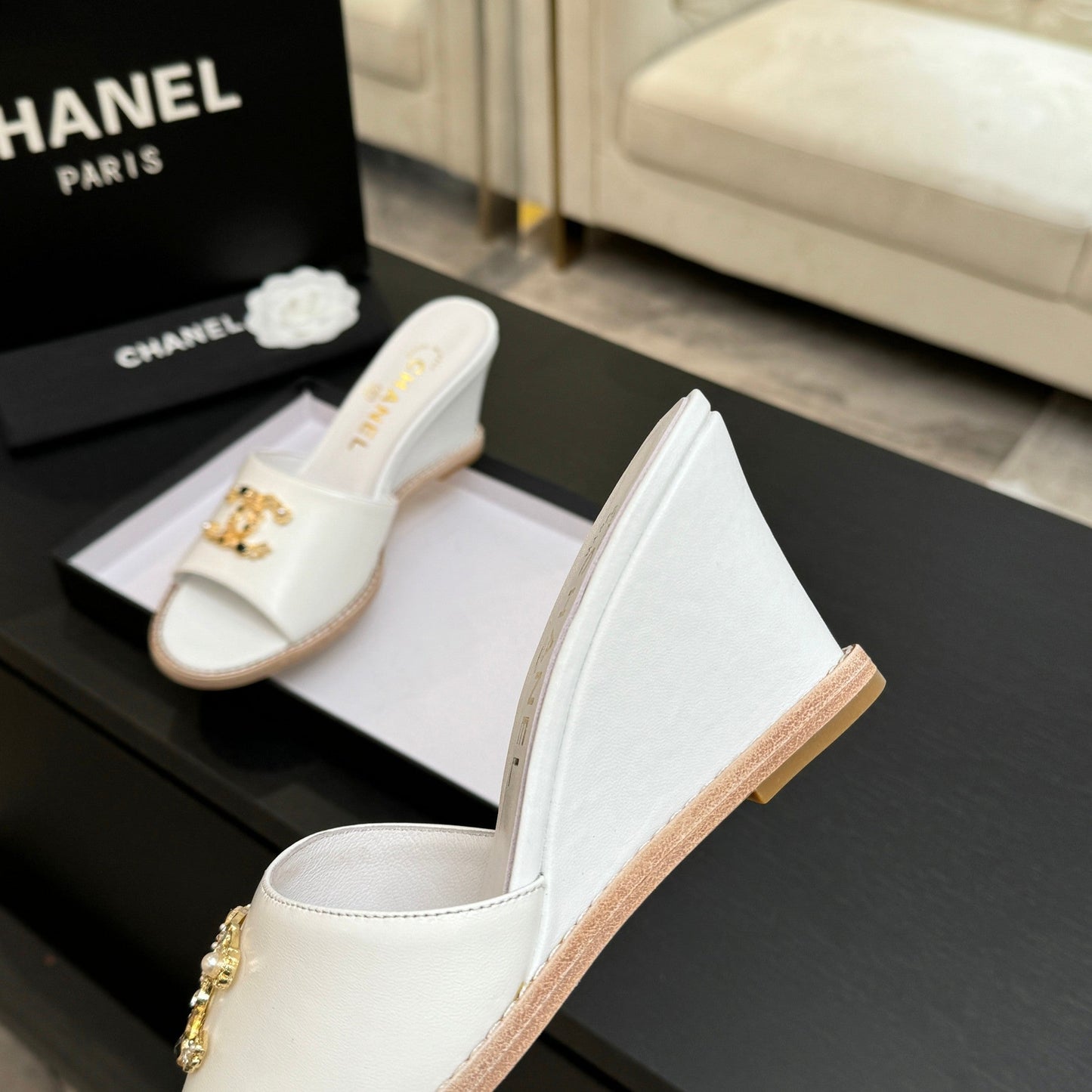 CC 2026 Wedge Sandals 65 Lambskin Gold Black Logo