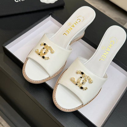 CC 2026 Wedge Sandals 65 Lambskin Gold Black Logo