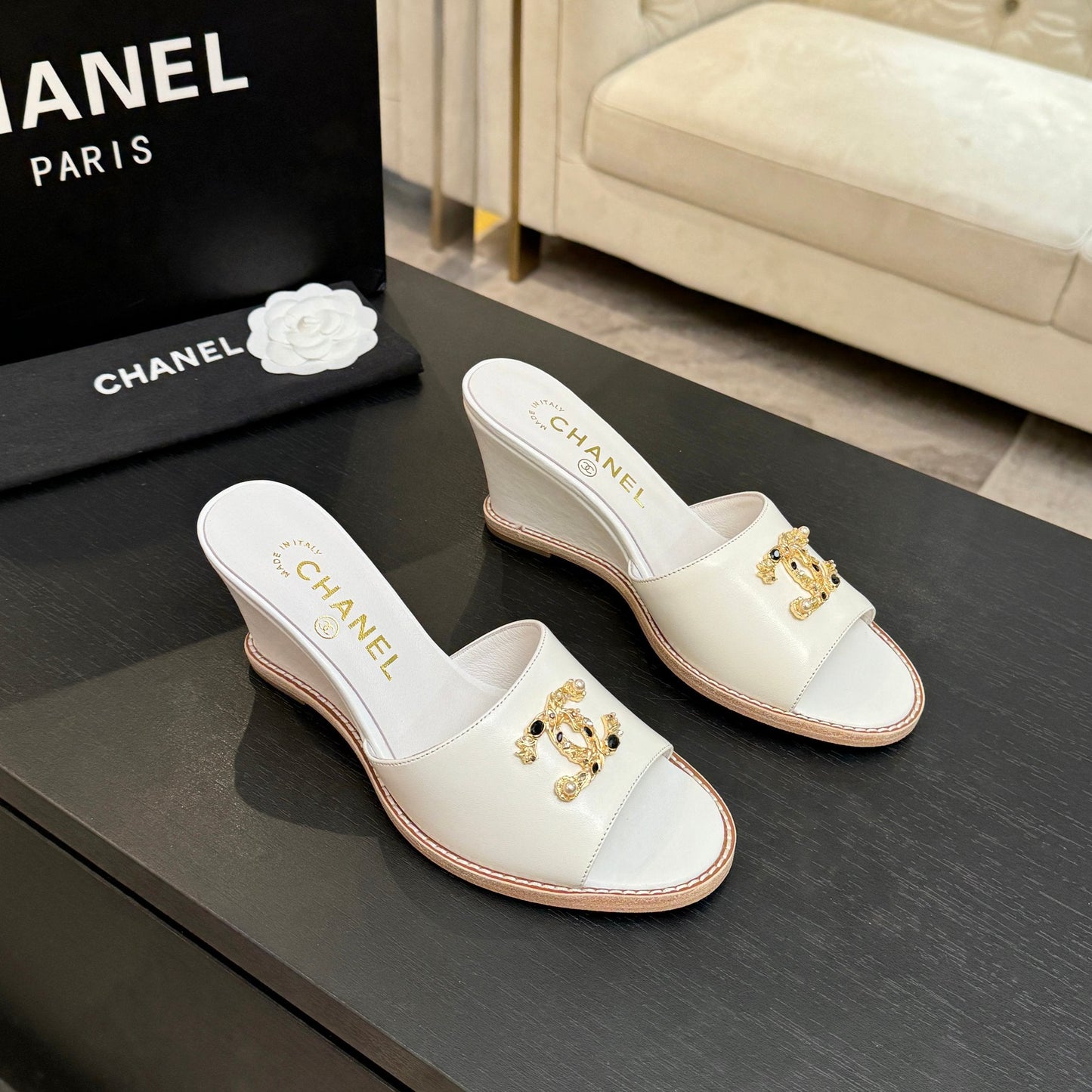 CC 2026 Wedge Sandals 65 Lambskin Gold Black Logo