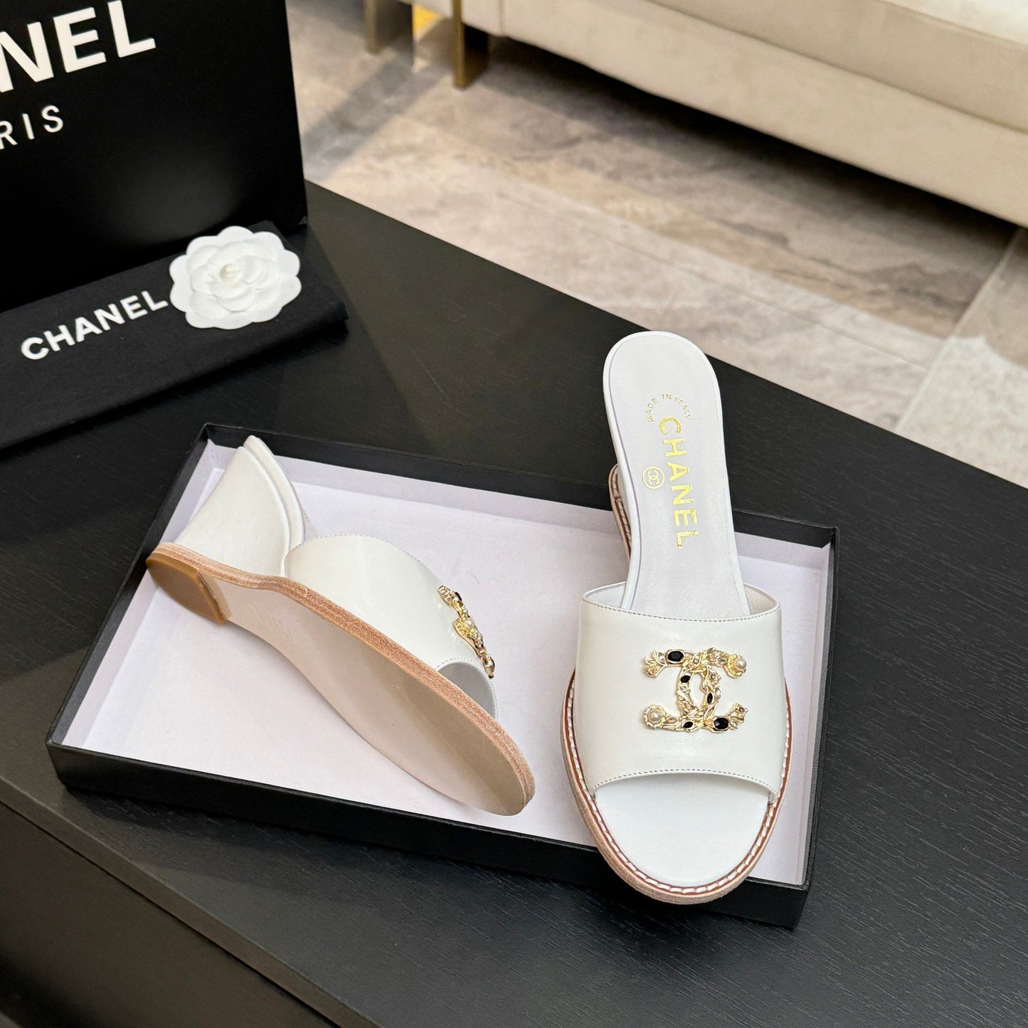 CC 2026 Wedge Sandals 65 Lambskin Gold Black Logo