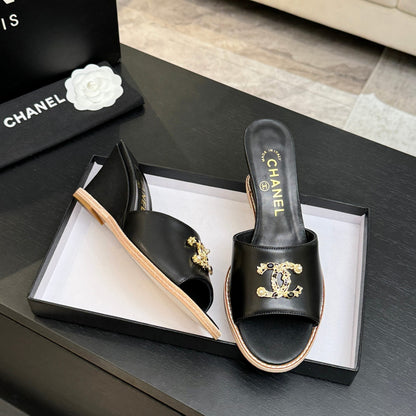 CC 2026 Wedge Sandals 65 Lambskin Gold Black Logo