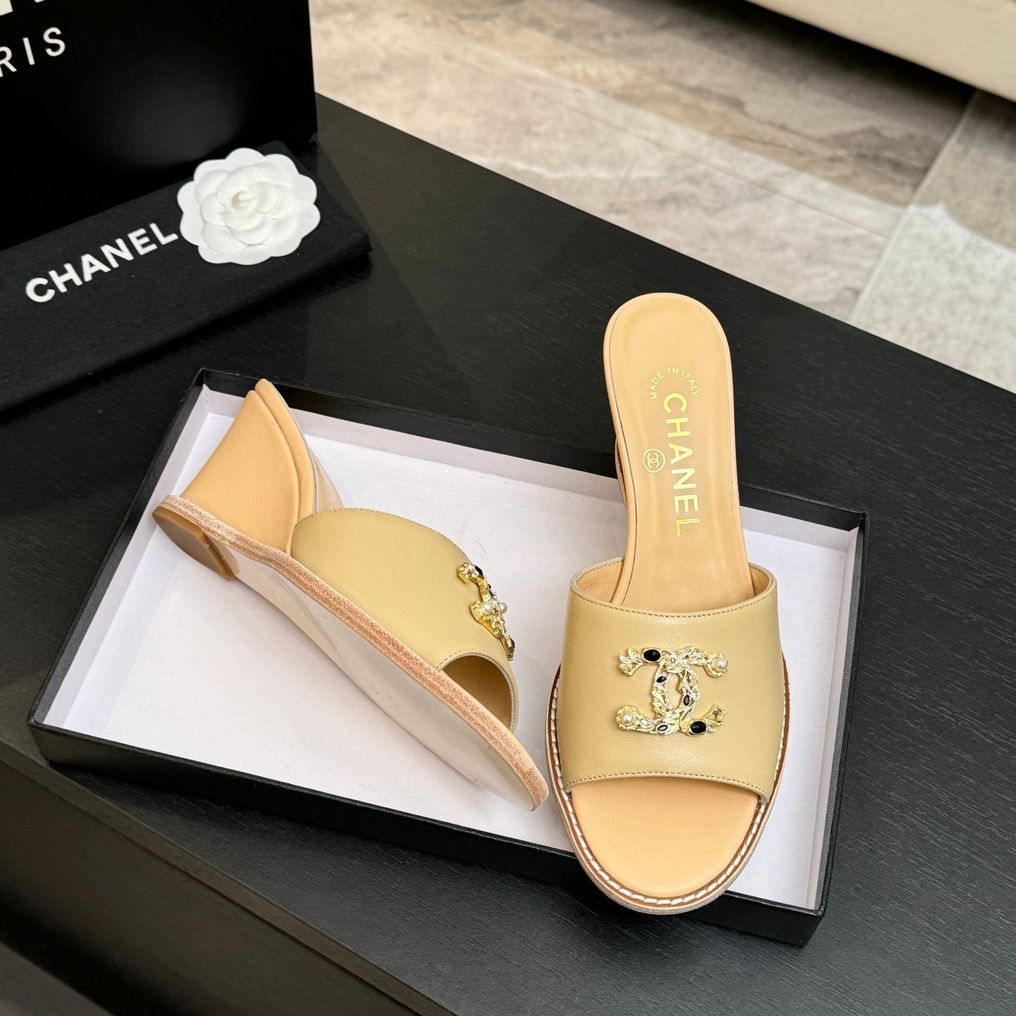 CC 2026 Wedge Sandals 65 Lambskin Gold Black Logo