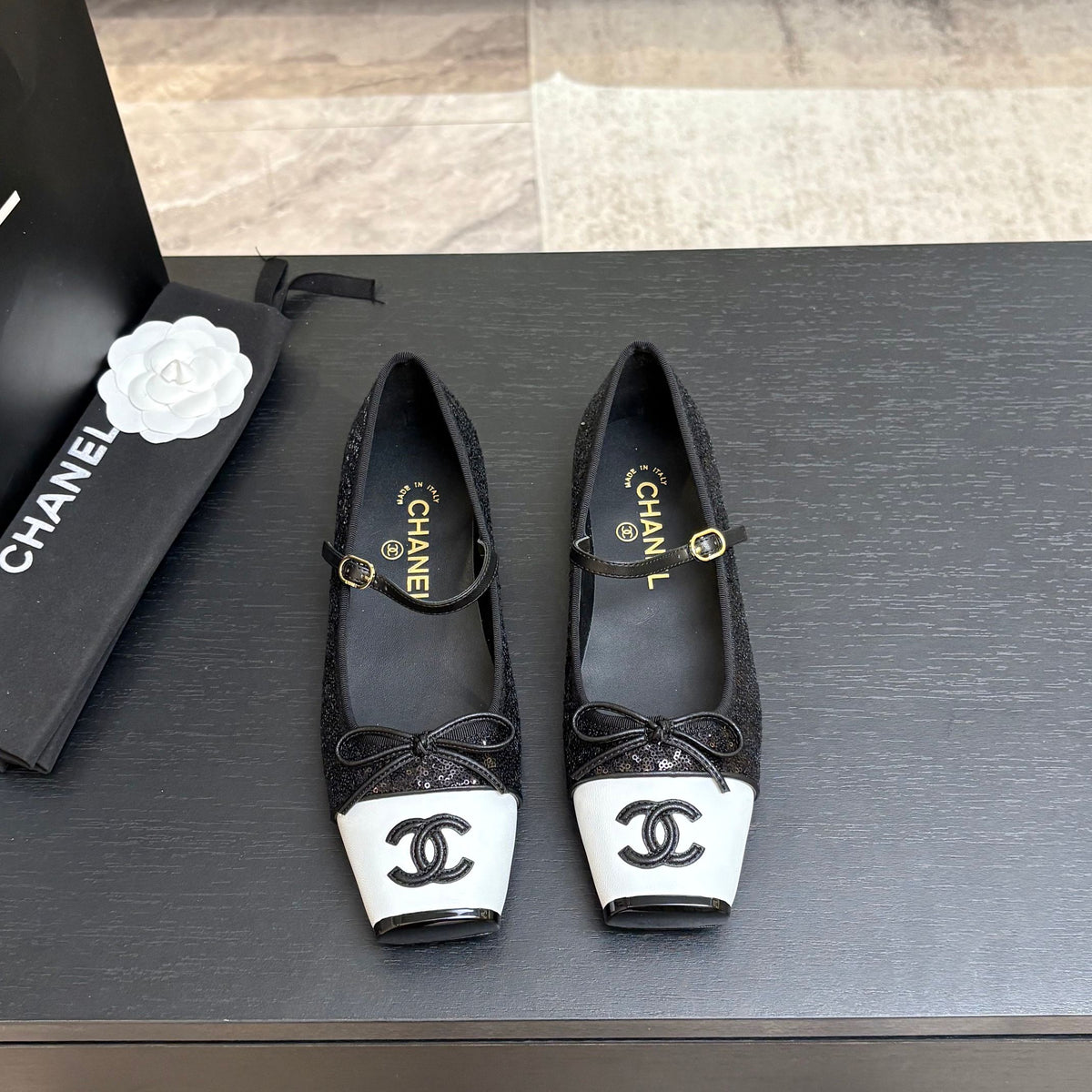 CC 26s Square Head Ballet Flat Black Sequin Leather 847241