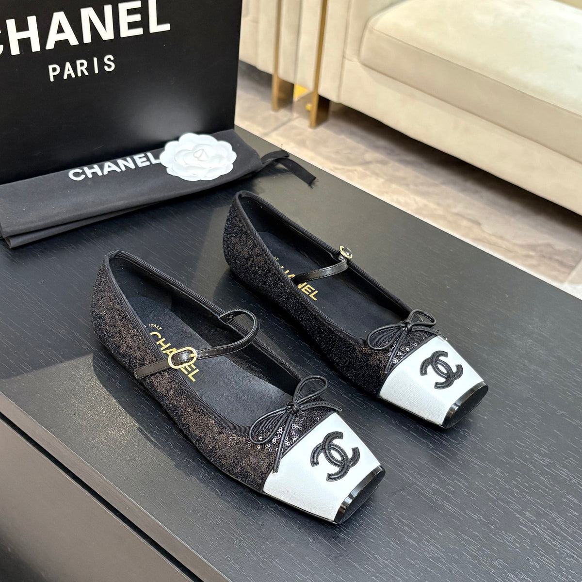 CC 26s Square Head Ballet Flat Black Sequin Leather 847241