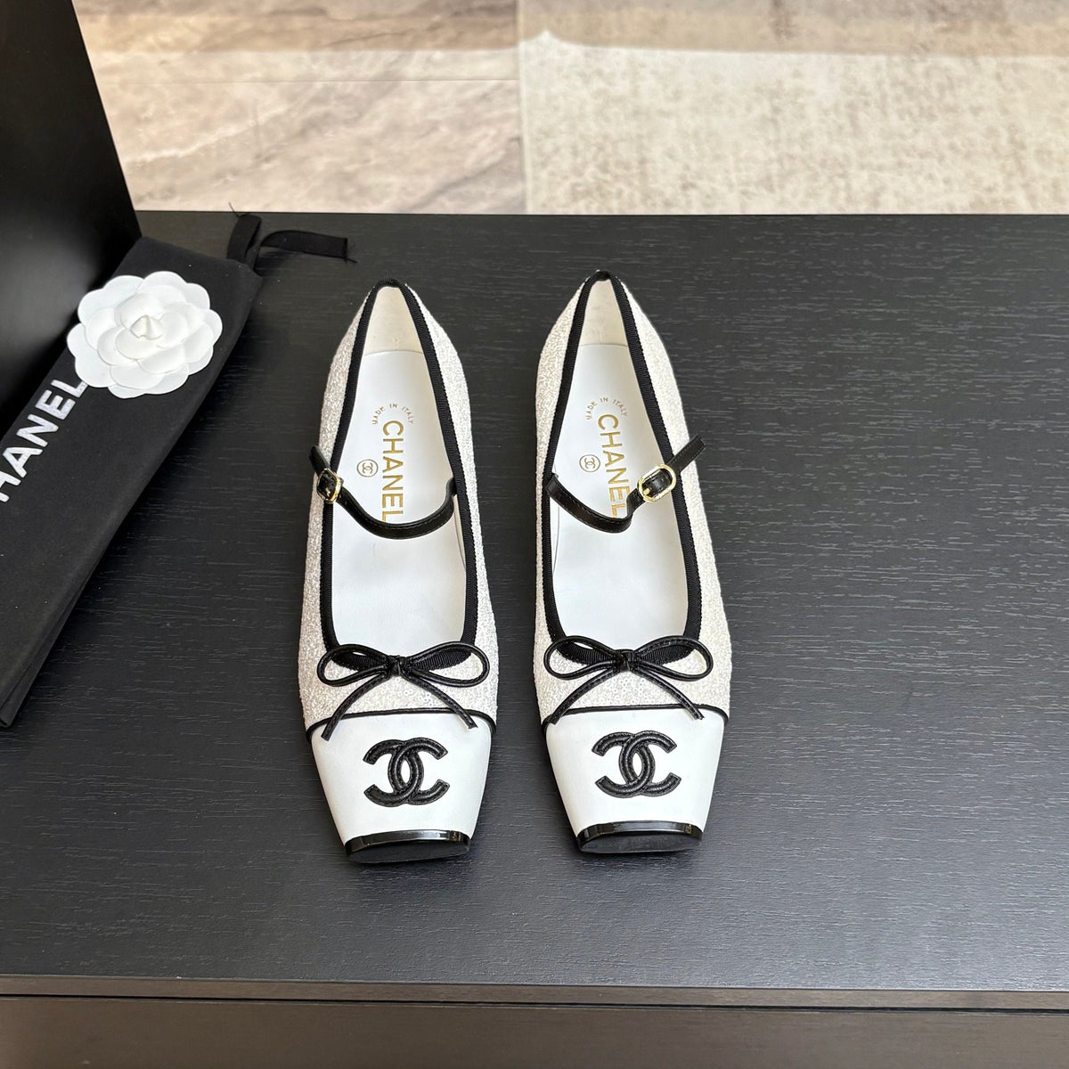 CC 26s Square Head Ballet Flat White Sequin Leather 847242