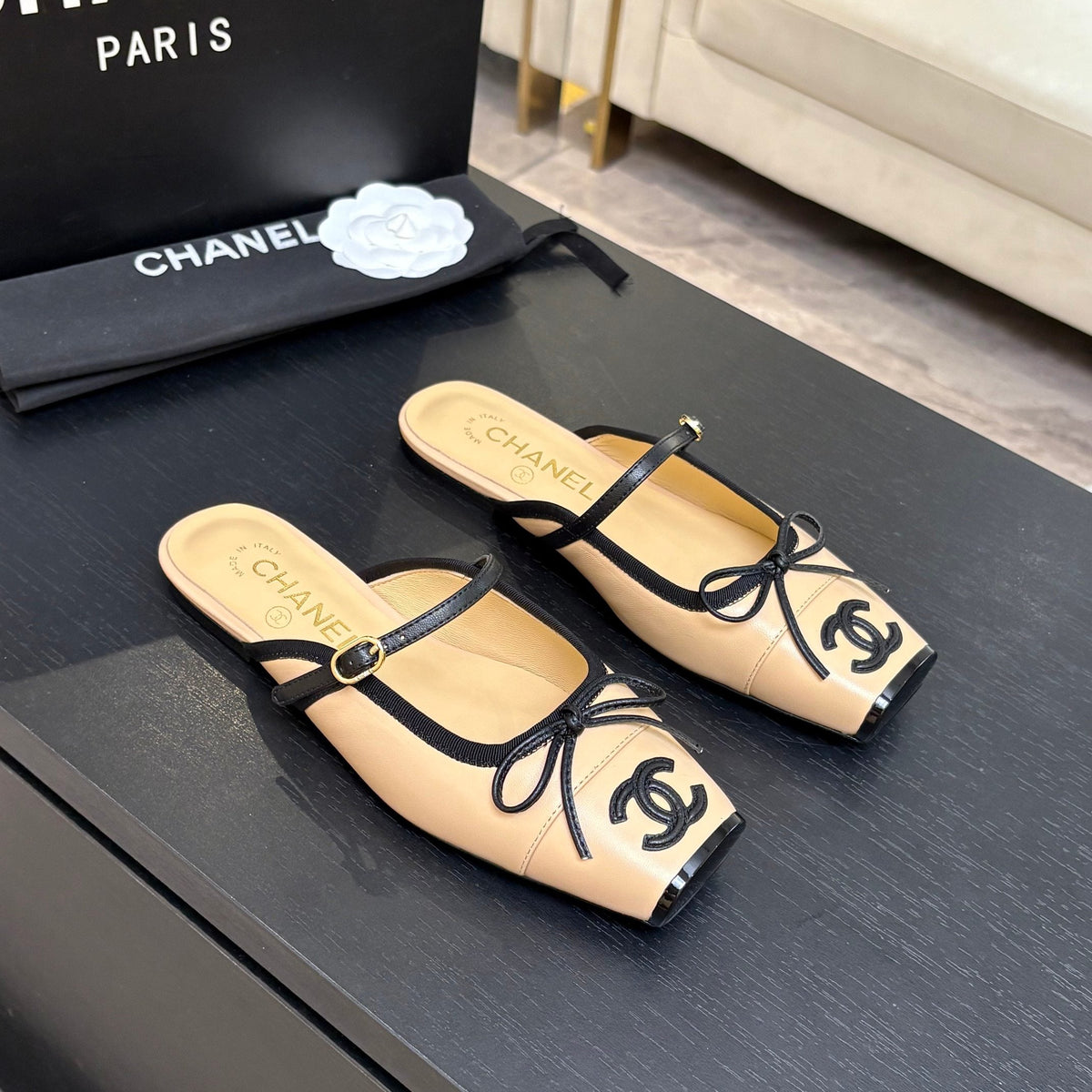 CC 26s Square Head Flat Half Slipper Beige Leather 847248