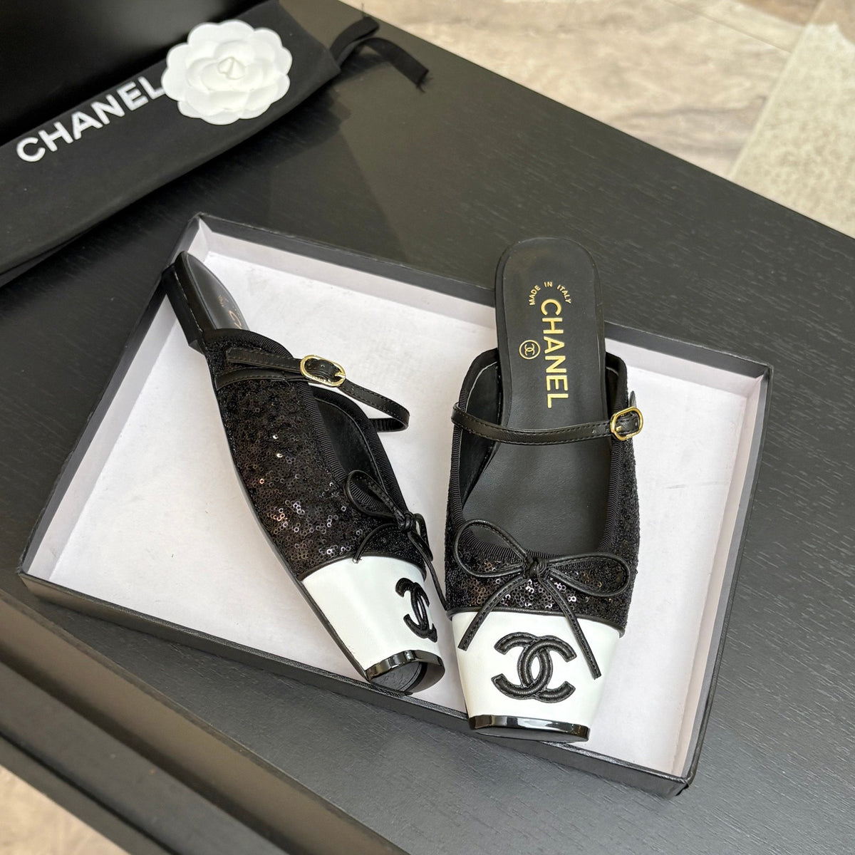 CC 26s Square Head Flat Half Slipper Black Sequin Leather 847249
