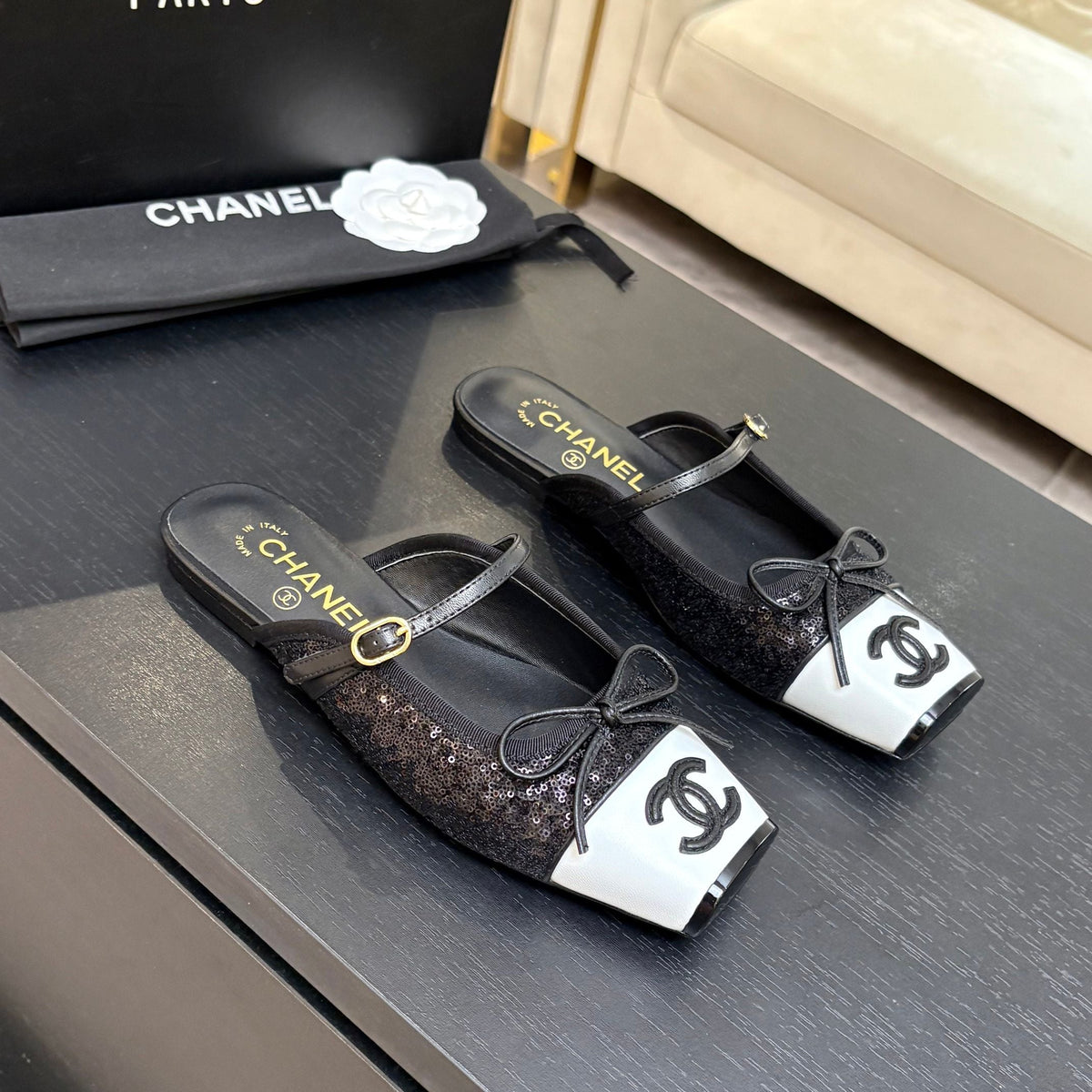 CC 26s Square Head Flat Half Slipper Black Sequin Leather 847249