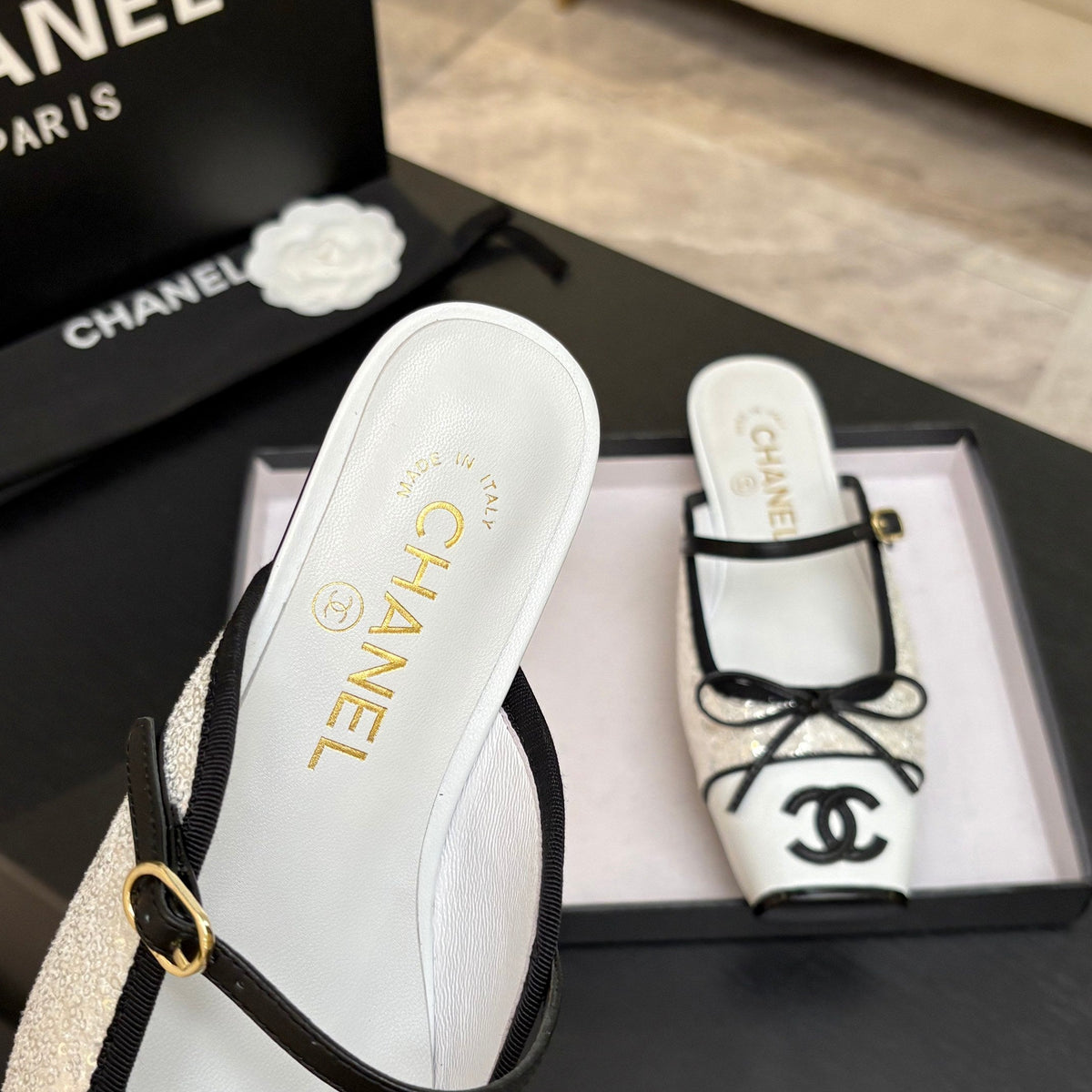 CC 26s Square Head Flat Half Slipper White Sequin Leather 847250