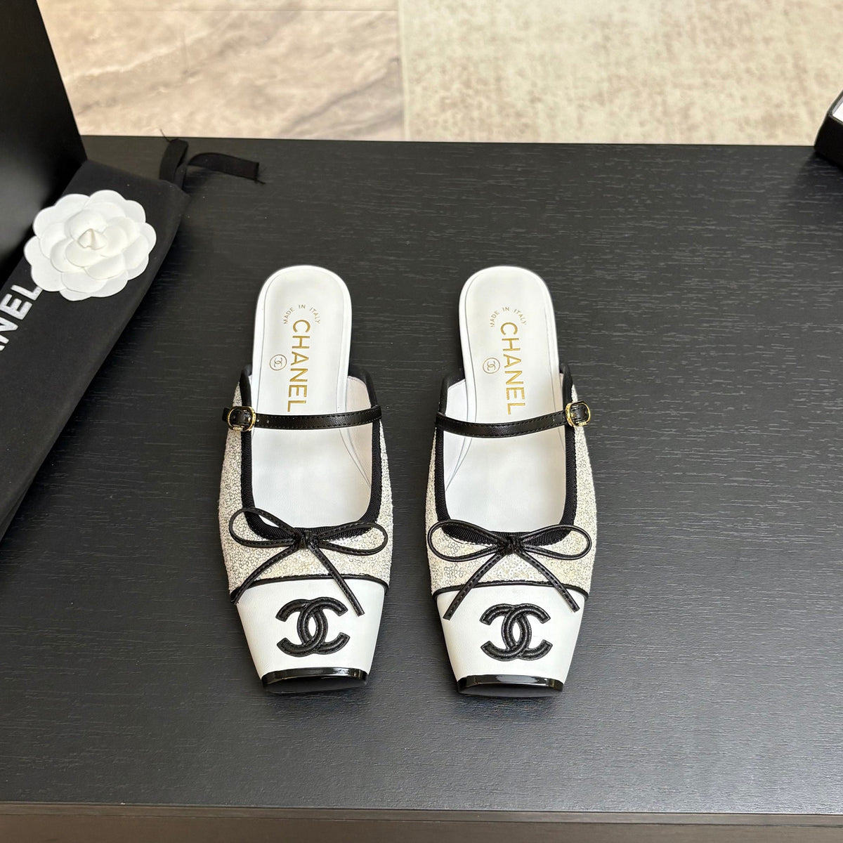 CC 26s Square Head Flat Half Slipper White Sequin Leather 847250