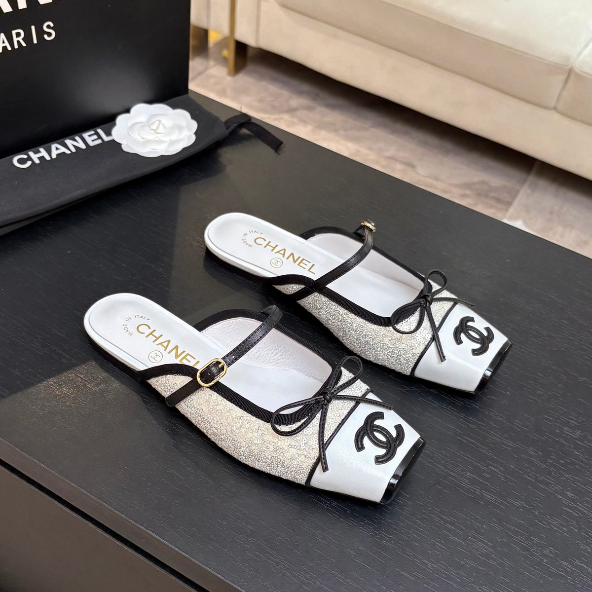 CC 26s Square Head Flat Half Slipper White Sequin Leather 847250