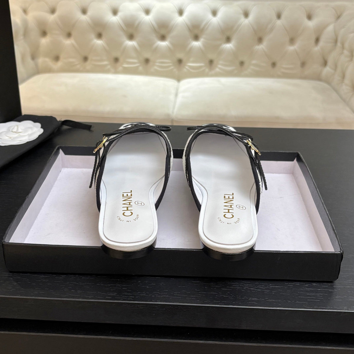 CC 26s Square Head Flat Half Slipper White Sequin Leather 847250