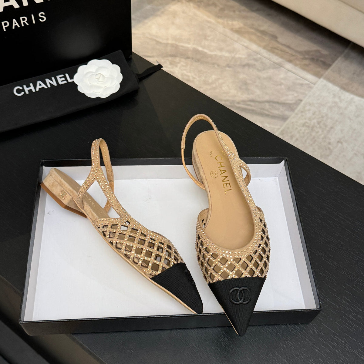CC 26s Rhinestone Slingback Flat Shoe Beige Black Suede Canvas 907695