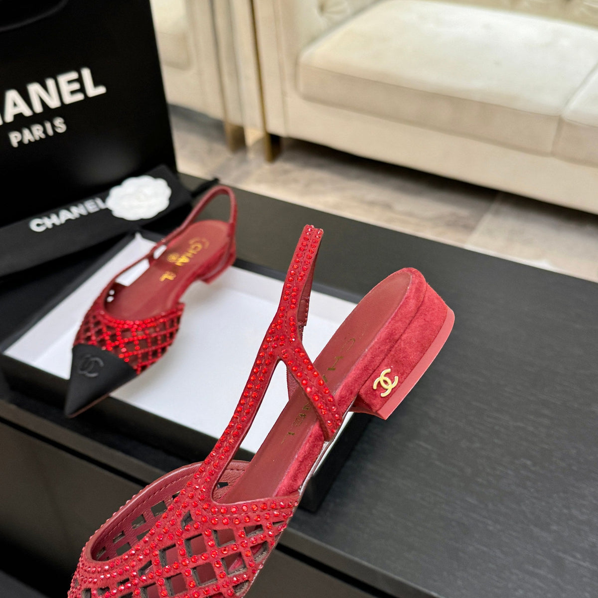 CC 26s Rhinestone Slingback Flat Shoe Red Black Suede Canvas 907697