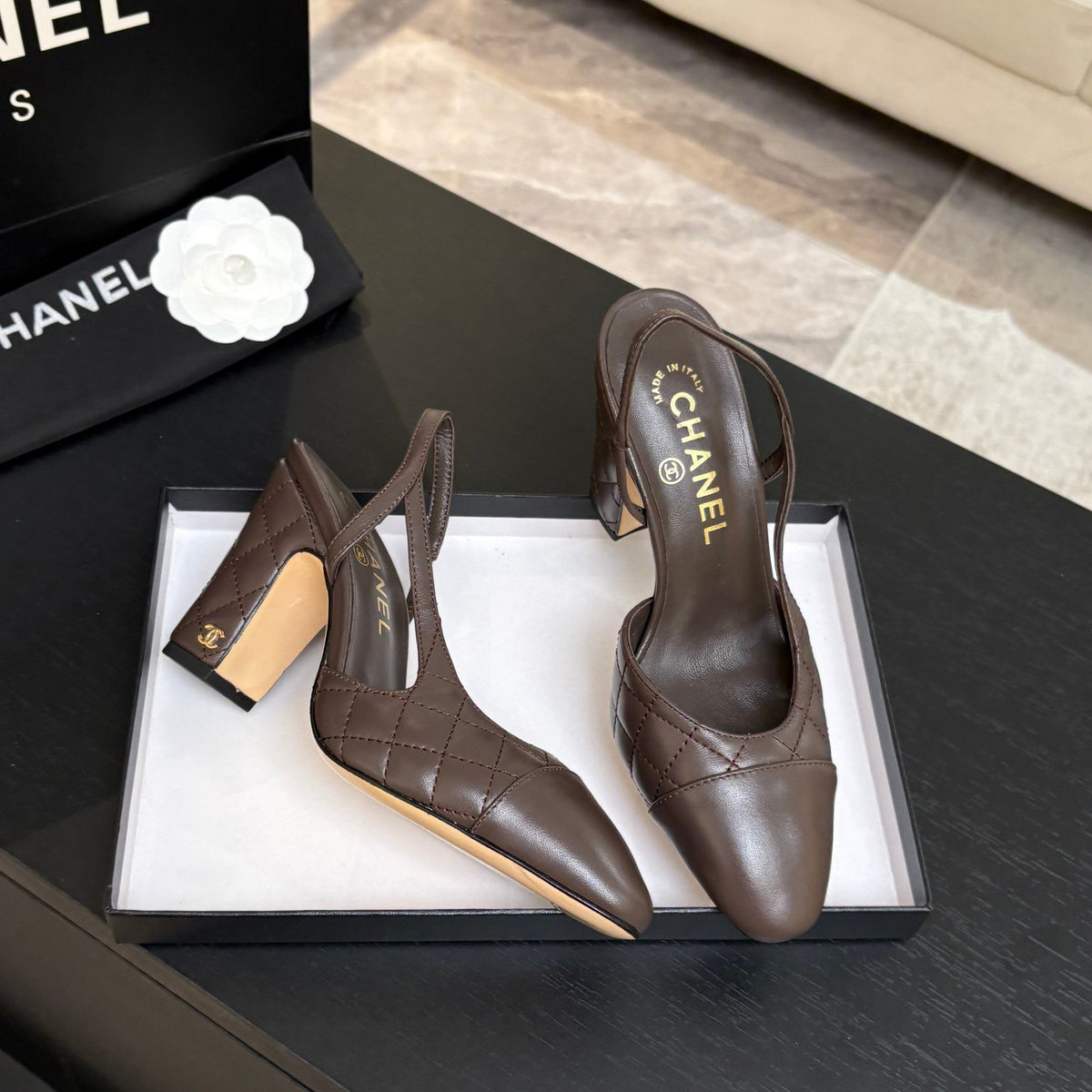 CC 26s Block Heel Slingback 9cm Coffee Quilted Lambskin 958002