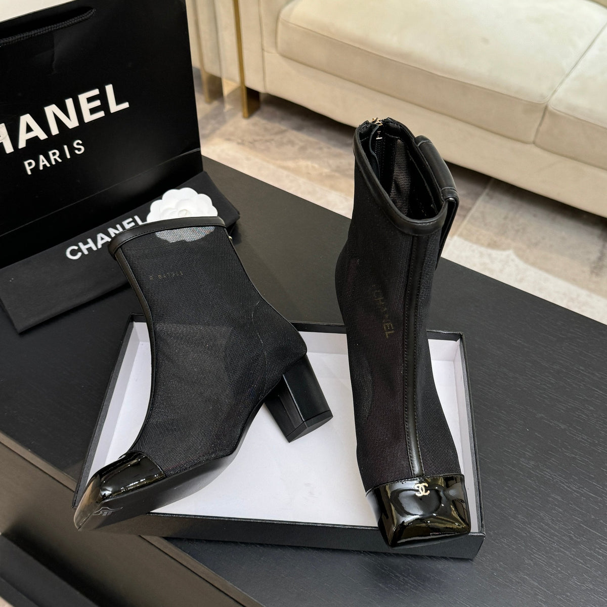 CC 26s Ankle Boots With Pocket Black Mesh Lambskin 958069
