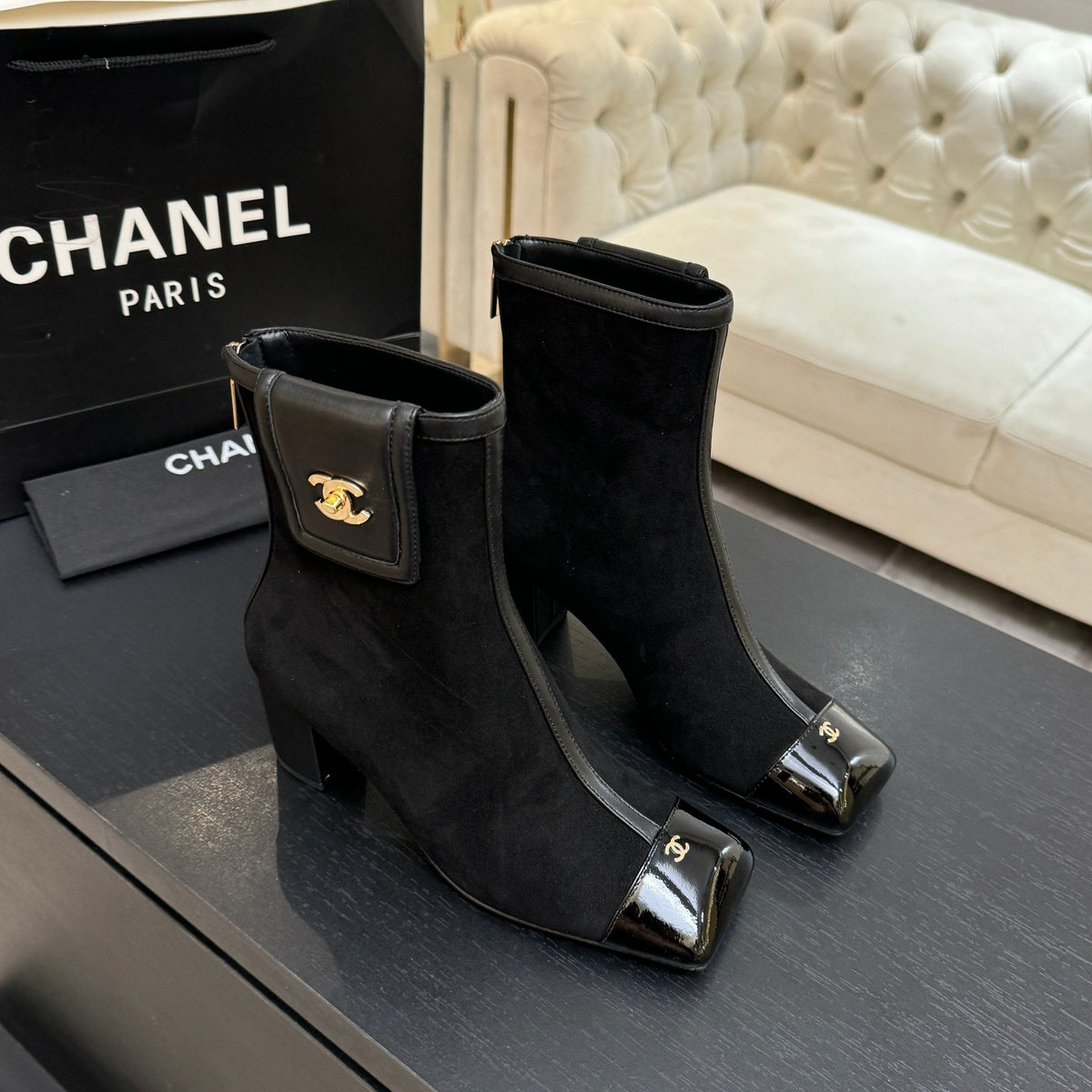 CC 26s Ankle Boots With Pocket Black Suede Patent Lambskin 958072