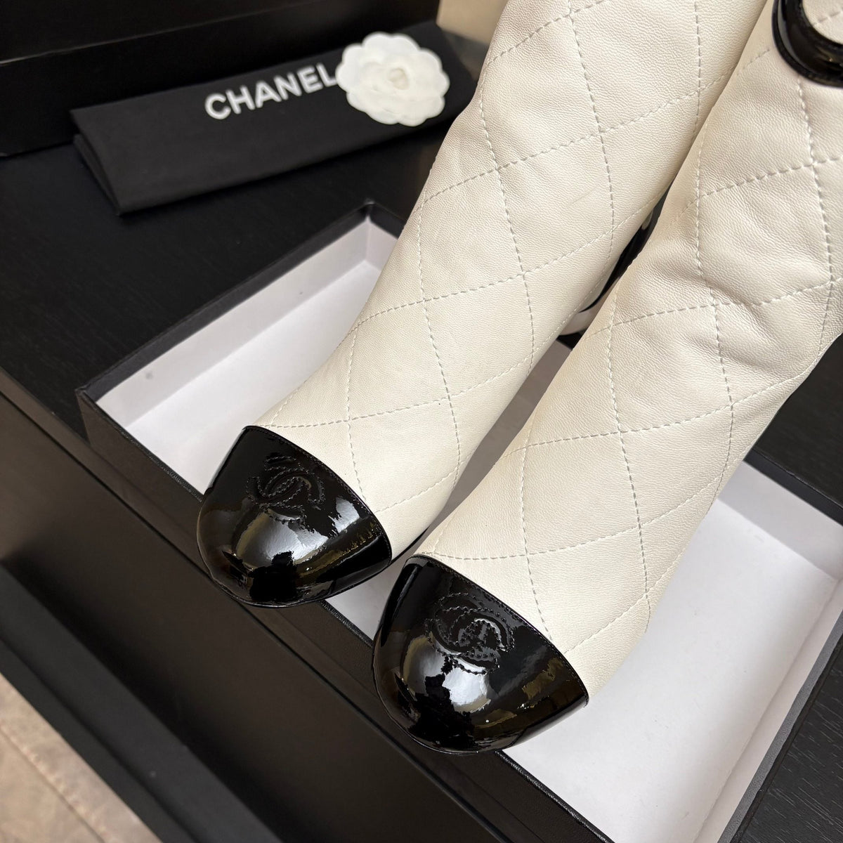 CC 26s Mid-Calf Pearl Boots White Quited Calfskin 957732