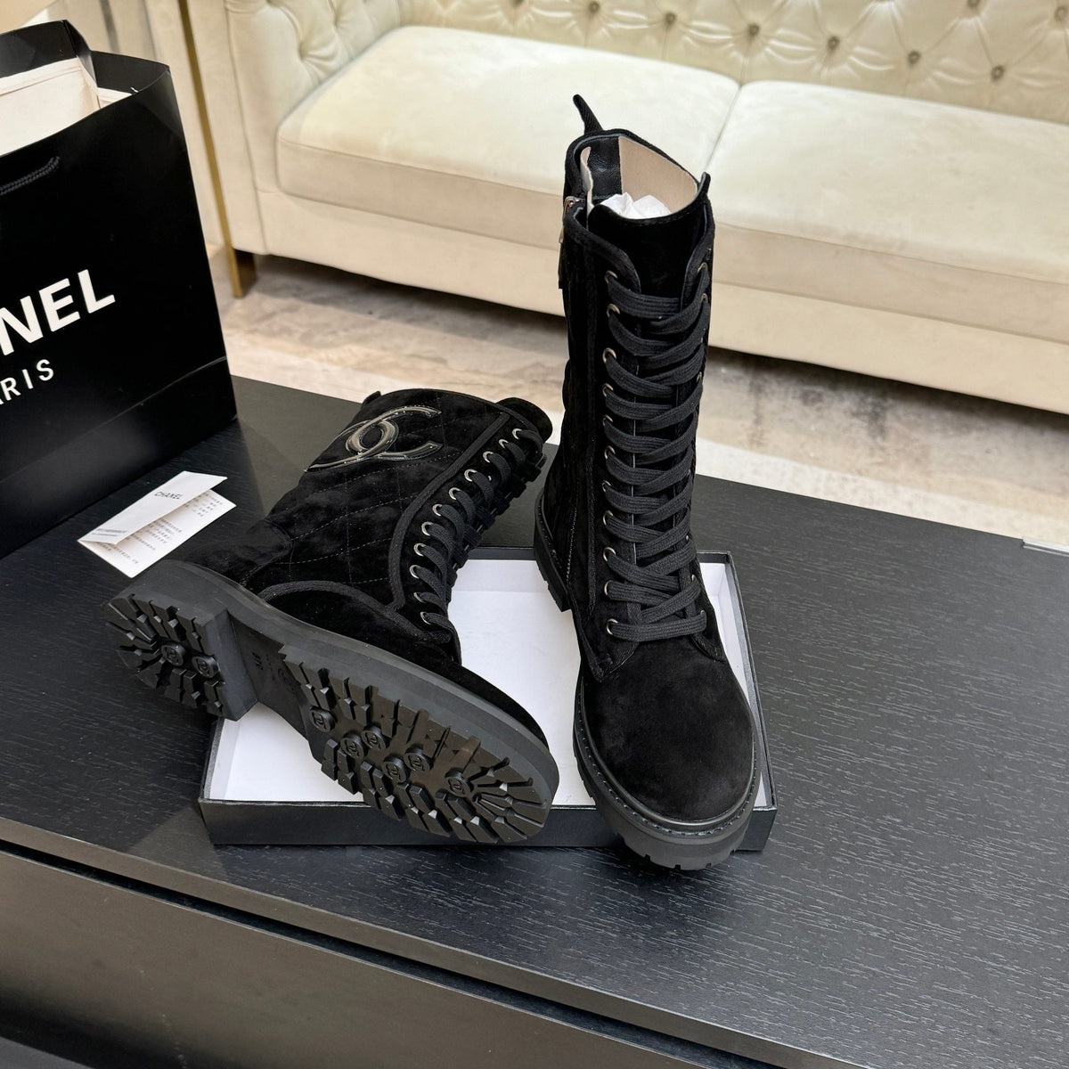 CC Combat Boots 26s Black Suede Leather 101987