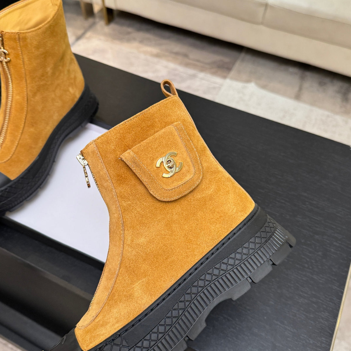 CC 26s Front-Zip Ankle Boots Mustard Suede Leather 106810
