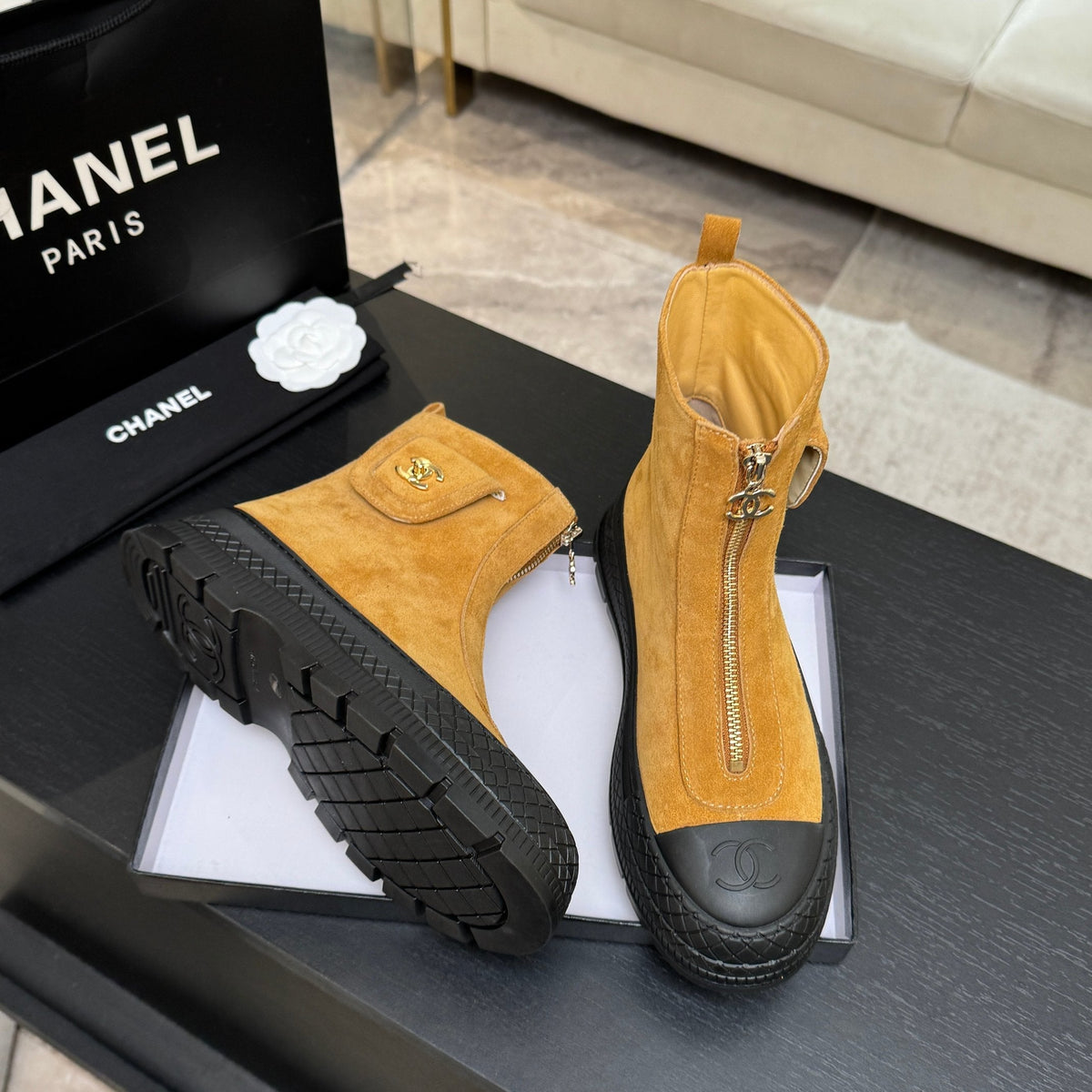 CC 26s Front-Zip Ankle Boots Mustard Suede Leather 106810