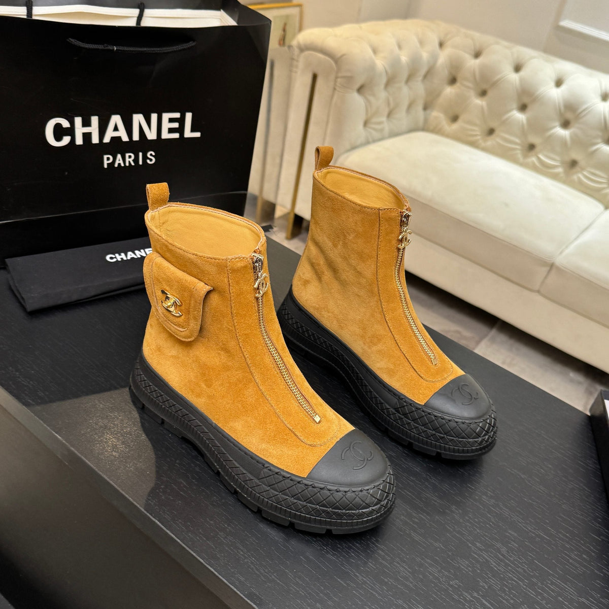 CC 26s Front-Zip Ankle Boots Mustard Suede Leather 106810
