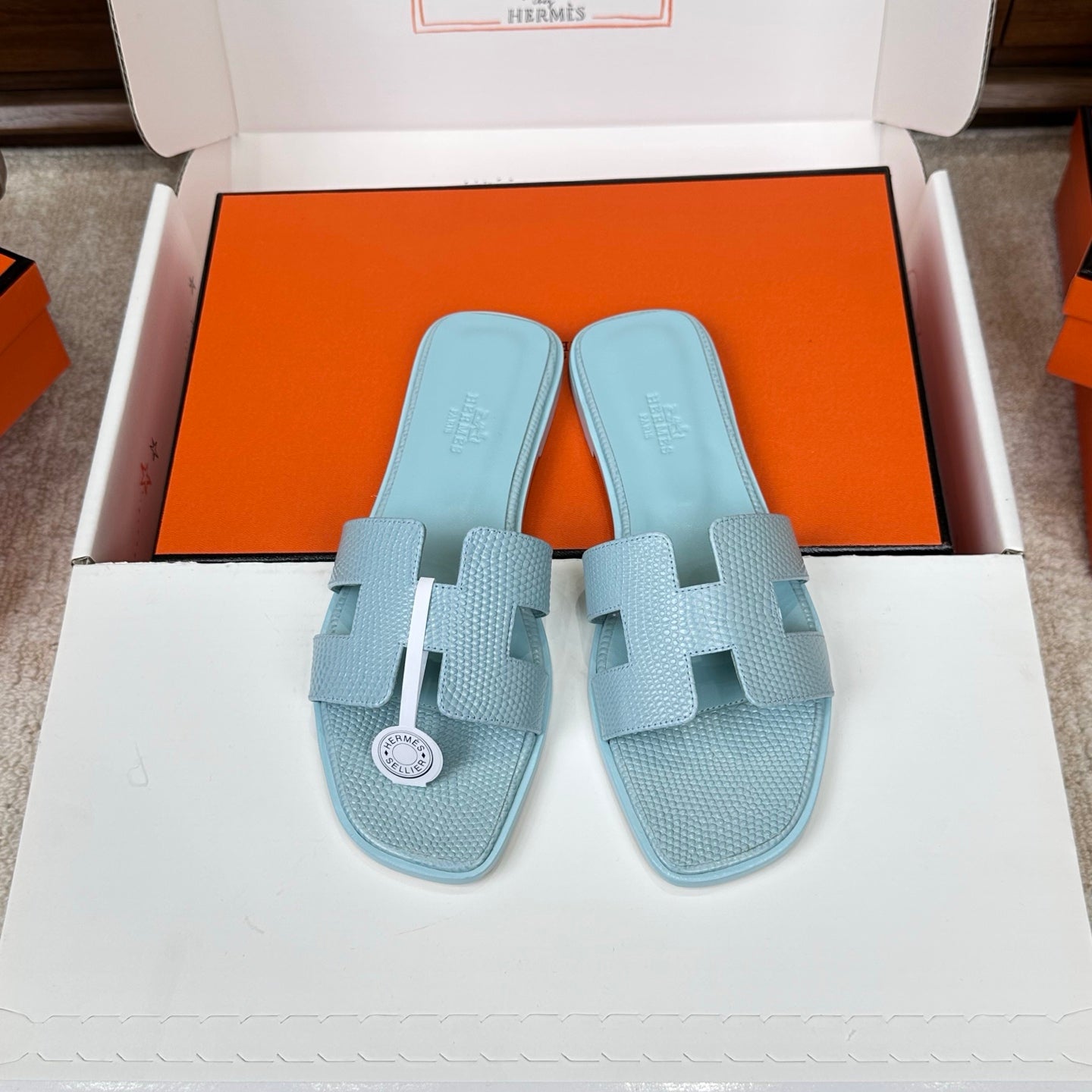 HM Oran Sandal Light Blue Embossed Lizard Leather 802368