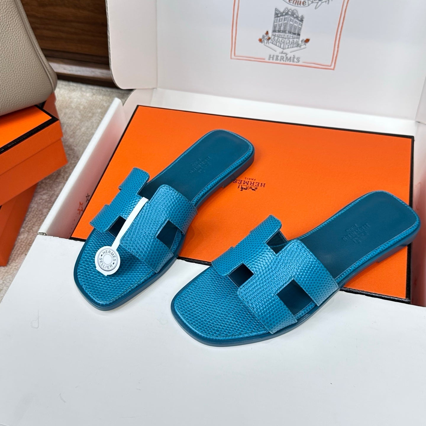 HM Oran Sandal Blue Embossed Lizard Leather 802369
