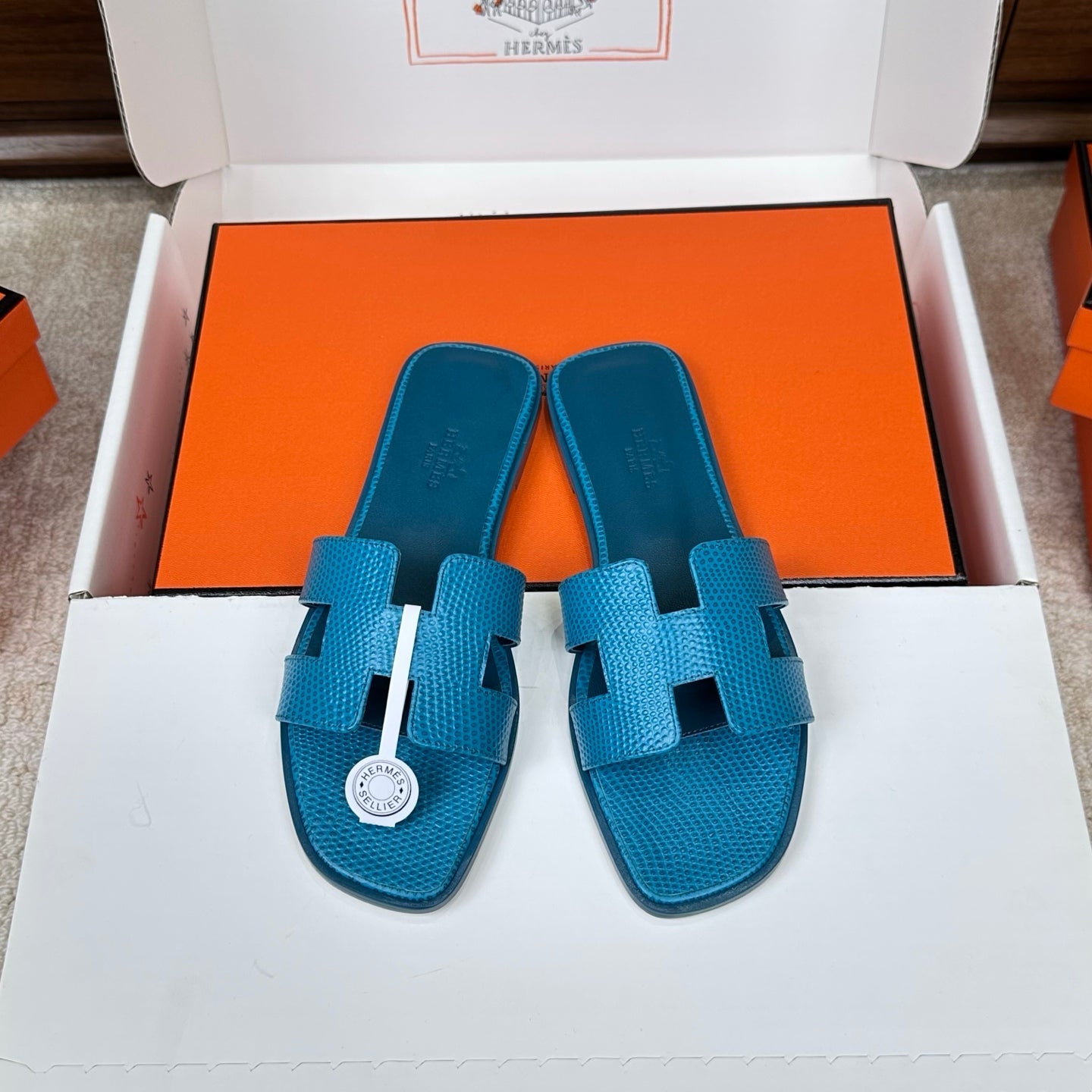 HM Oran Sandal Blue Embossed Lizard Leather 802369