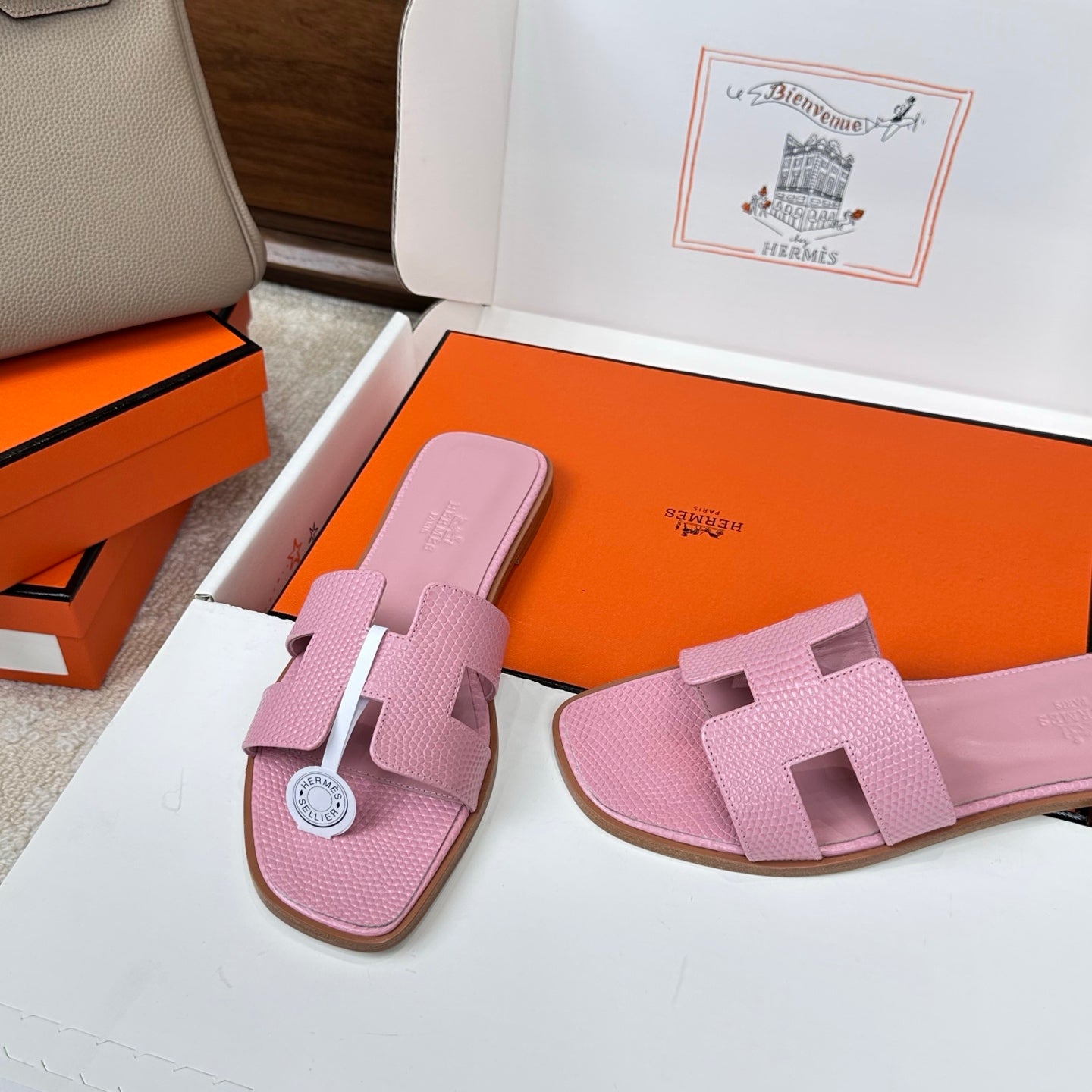 HM Oran Sandal Light Pink Embossed Lizard Leather 802371