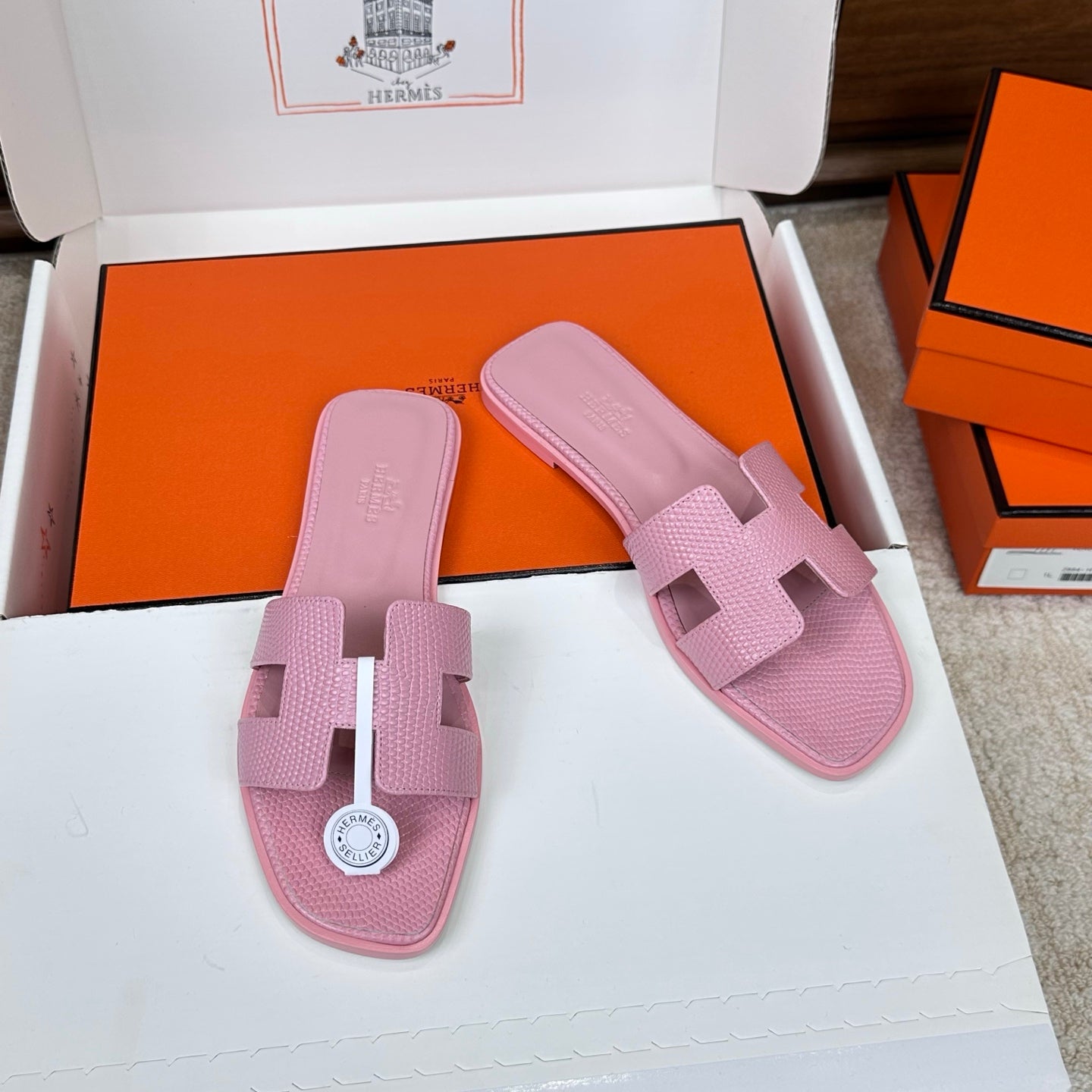 HM Oran Sandal Pink Embossed Lizard Leather 802372